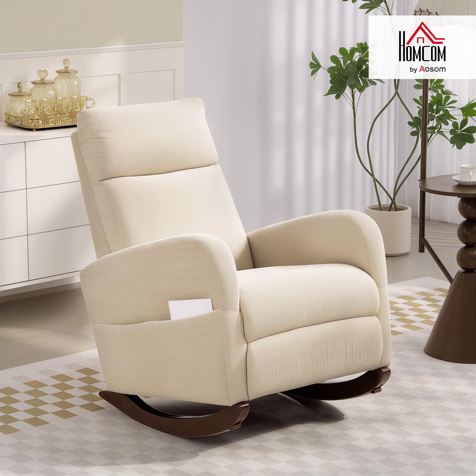 HOMCOM Silla Mecedora, Mecedora de Pana con Respaldo Alto, Patas de Madera de Caucho, Bolsillos, Reposabrazos, Estilo Moderno, Sillón de Lactancia, Carga 120 kg, para Dormitorio, Salón, Beige