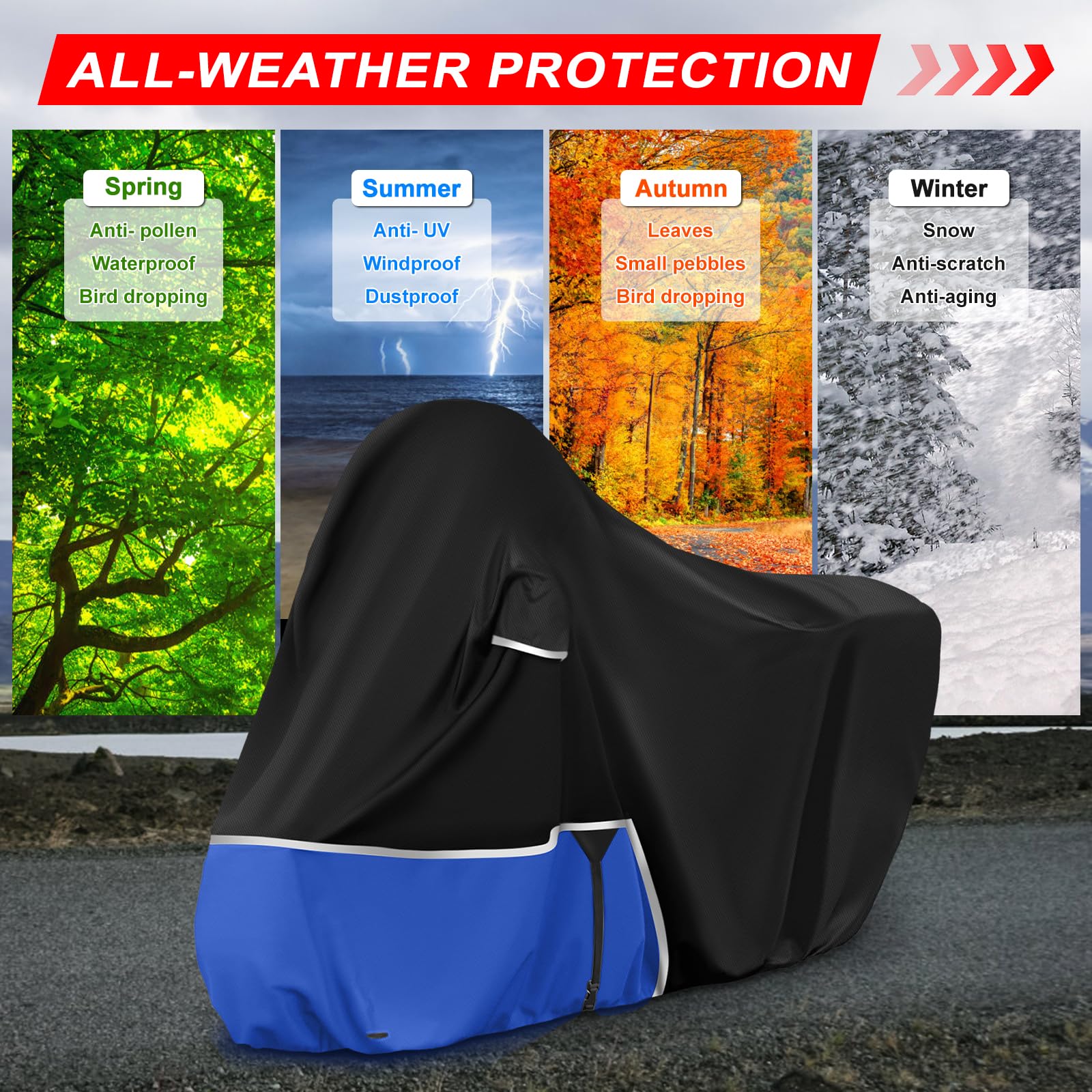 Motorradabdeckung Outdoor passend für Piaggio mp3 400/500 (Ohne Kofferraum) | Wasserdicht Winterfest Motorrad Abdeckplane Abdeckung 420D Oxford-Stoff Motorrad Abdeckung Plane, Schwarz & Blau