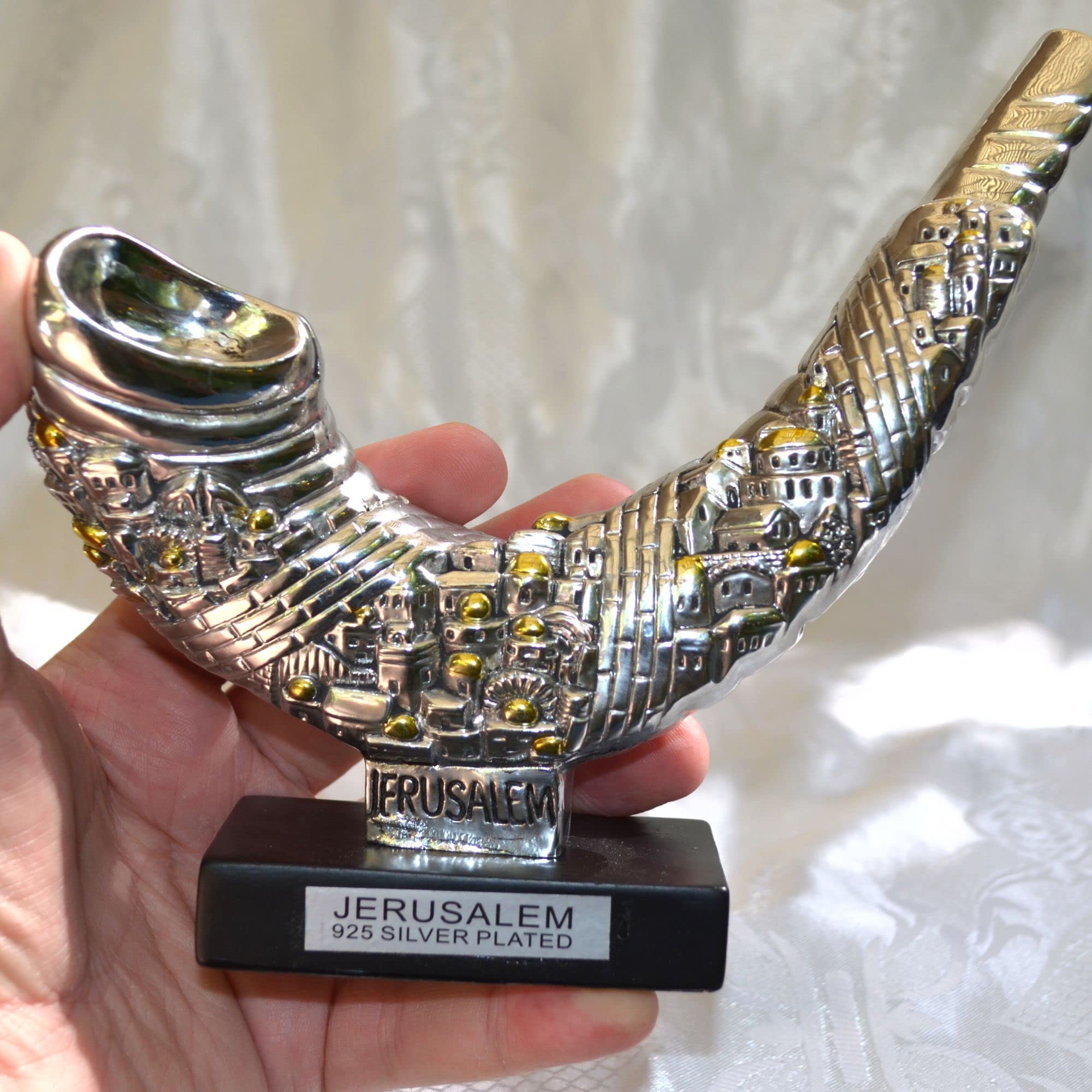 Antik-Silber Vintage Silber Schofar mit Design Dekoration Jerusalem Shofar 925 Silber 17,5 cm lang