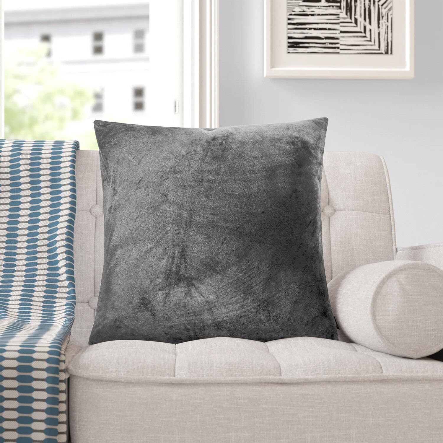 Insafians Grey Decorative Crushed Velvet Cushion Covers 45Cm X 45Cm/Square Throw Pillowcases For Sofa Bedroom With Invisible Zipper 18X18 Inch (1, )