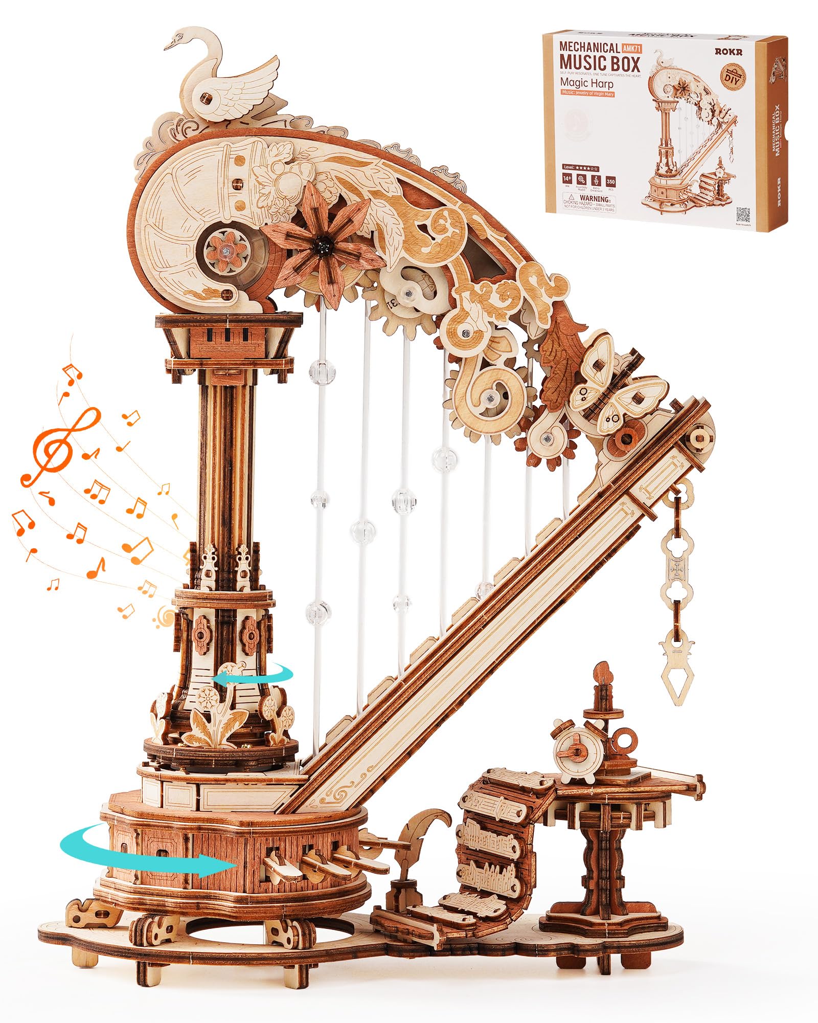 ROKR Puzzle 3D in Legno Arpa Modellismo da Costruire Adulti,Meccanico Musica Scatola,Regalo di Compleanno