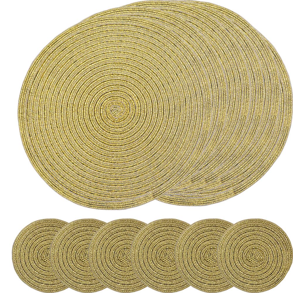 SCF2017 Round Woven Glitter Plastic Placemats 30cm Hollow Table Mats and 11cm Coasters,Set of 6,Gold