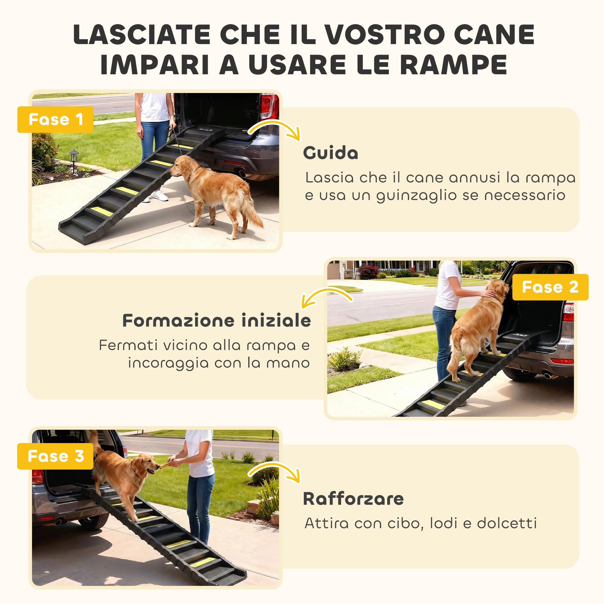 PawHut Rampa Pieghevole per Cani per Auto e Letti Alti, Scala per Cani Portatile a 10 Gradini con Strisce e Piedini Antiscivolo, Leggera, Supporta Fino a 68 kg, Nero