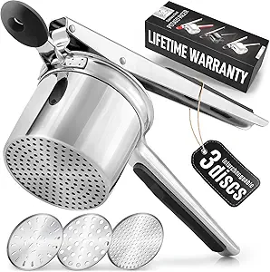 Zulay Large 15oz Potato Ricer with 3 Interchangeable Discs - Heavy Duty Stainless Steel Potato Masher - Ricer Kitchen Tool with Non-Slip Handle - Spaetzle Maker Press (Black/Silver)
