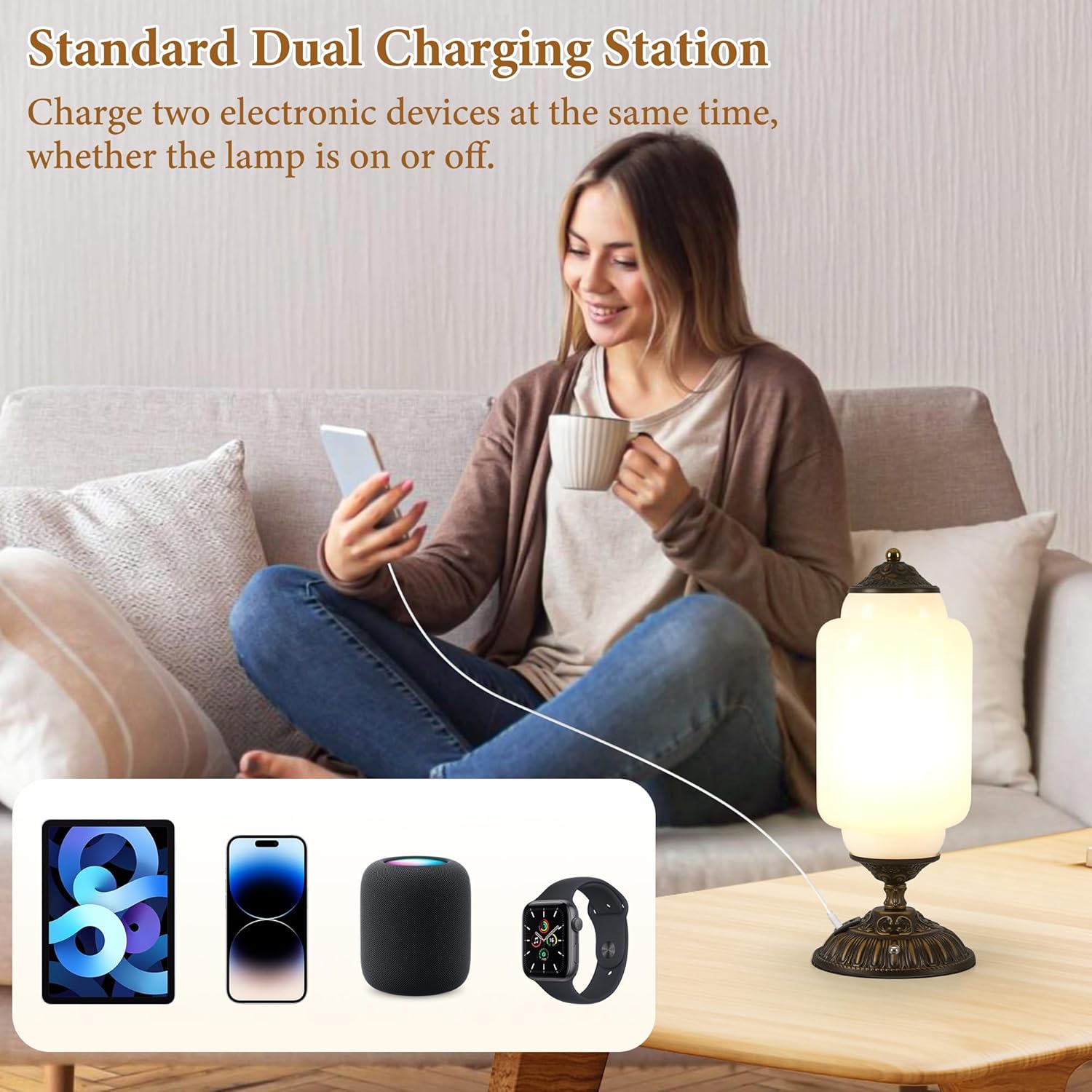 Vintage Milk Glass Table Lamp - 3 Way Dimmable Touch Control - White Bedside Lamps with USB C+A Charging Ports - Cute Art Deco Modern Living room End Table Lamp for Bedroom Nightstand Tabletop(Bulbx1)