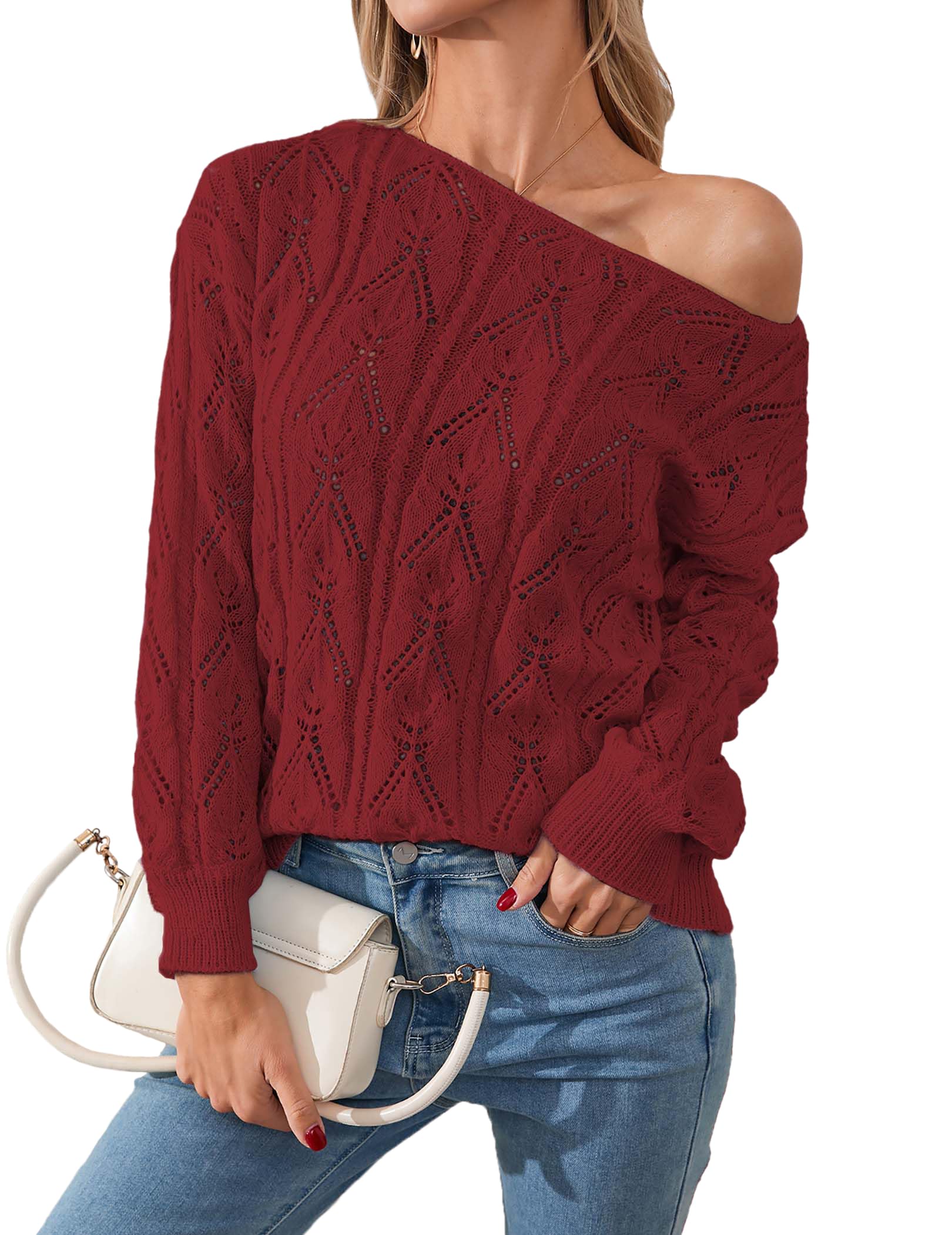 Womens Cute Sexy Off The Shoulder Crochet Knit Sweater Fall Winter 2025 Trendy Lightweight Boat Neck Pullover Top
