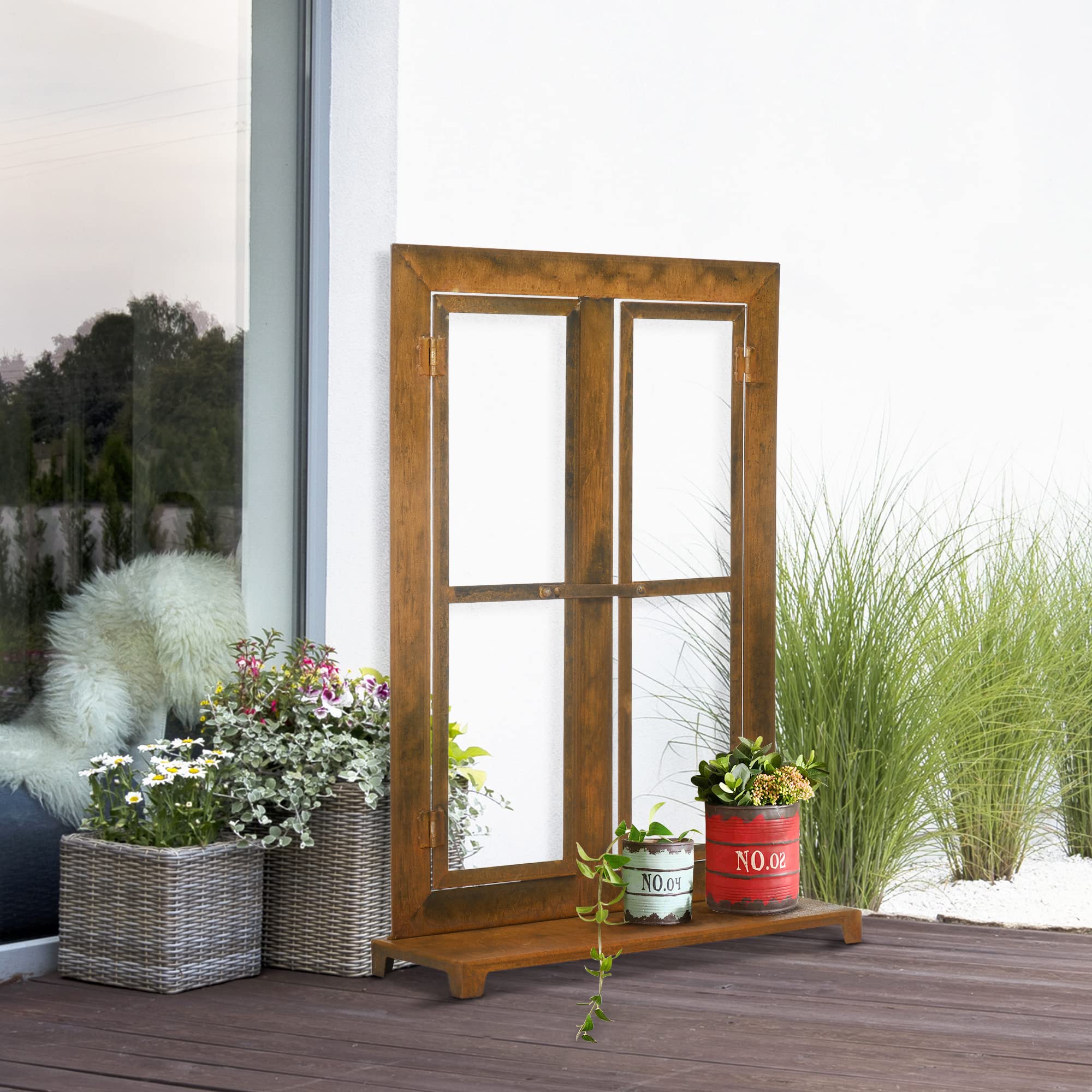 Outsunny Eisenfenster, Edelrost Sprossenfenster, 55 x 80 cm Fensterrahmen mit Schwelle und Riegel, Gartendekoration für Balkon, Terrasse, Rustikal-Braun