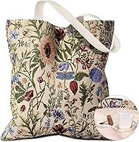 MissAdola Embroidery Tote Bag for Women - Vintage Floral Canvas Reusable Shopping Bag with Pocket, 15x16 Inch