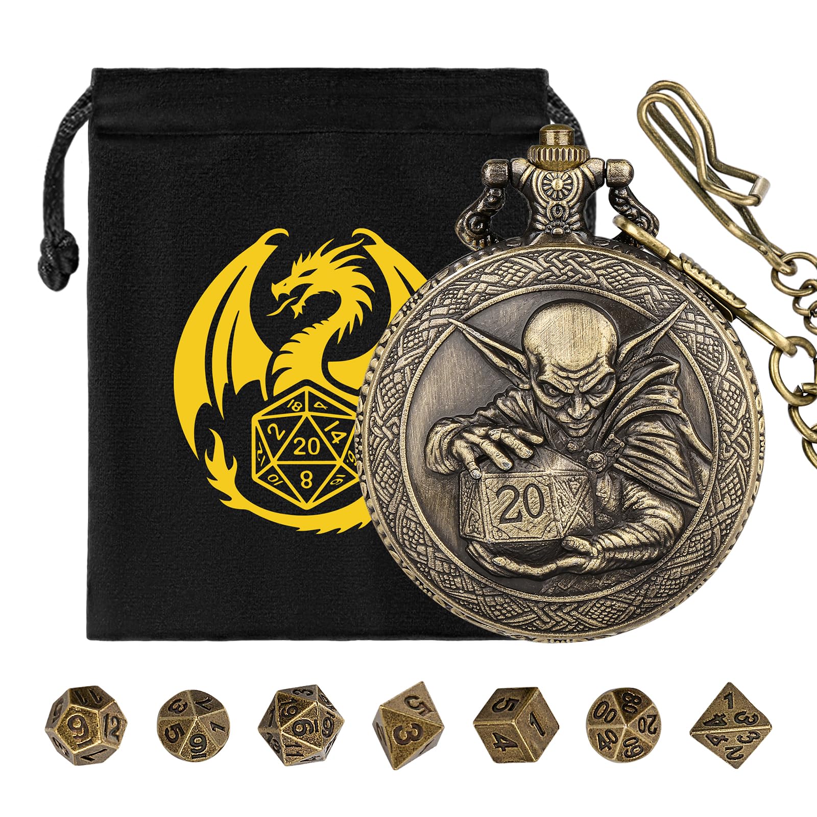 Mini DND Dice Set including Hobgoblin Holding D20 Dice Pocket Watch Shell Case, 7pcs Polyhedral Metal Dice Set - Image 3