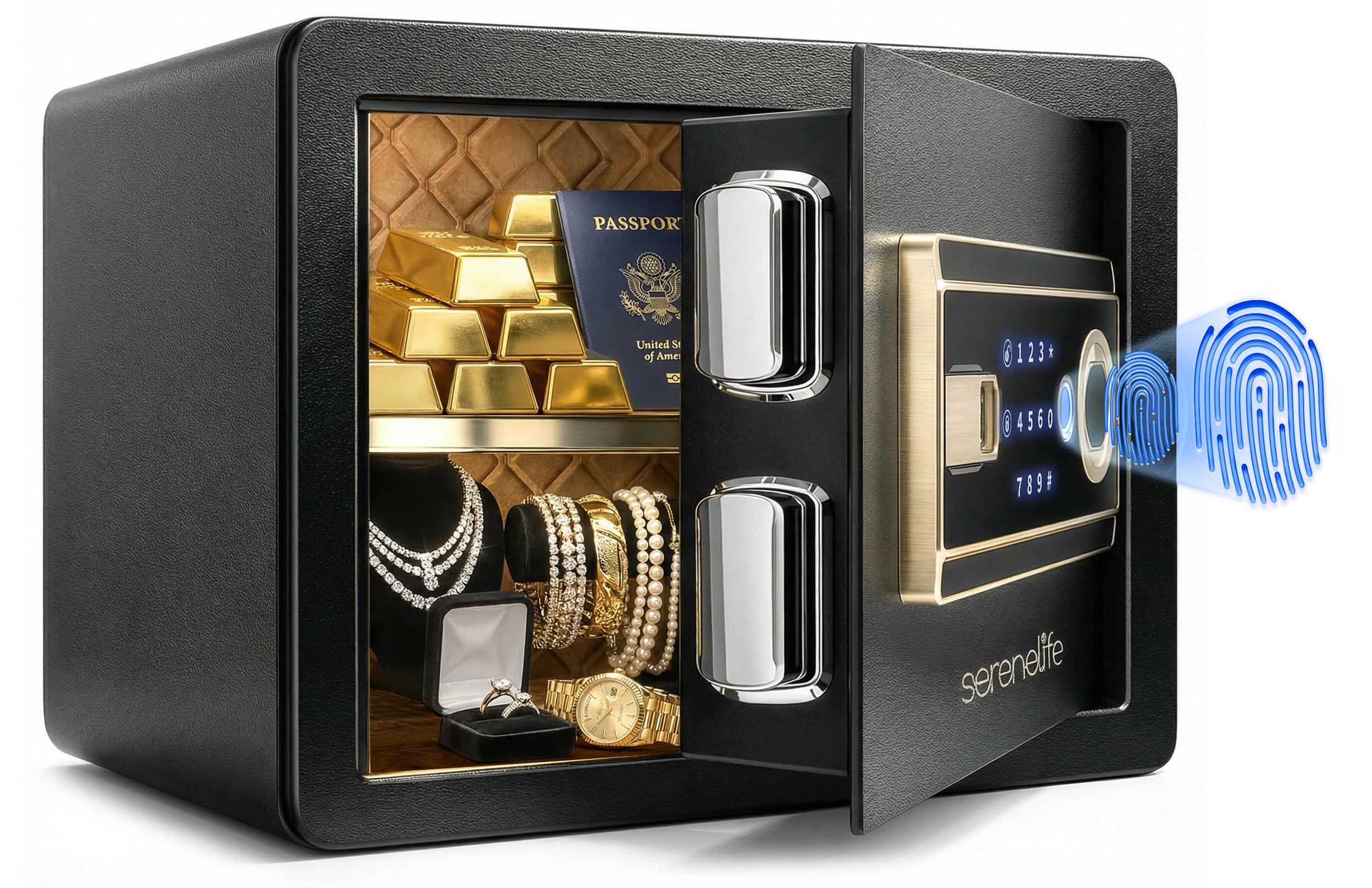 SereneLife Cassaforte, Cassaforte Piccola 39 x 25 x 25 cm con Accesso Impronta Digitale, Cassetta di Sicurezza Elettronica per Casa, Ufficio, Tastiera Touchscreen e 4 Chiavi
