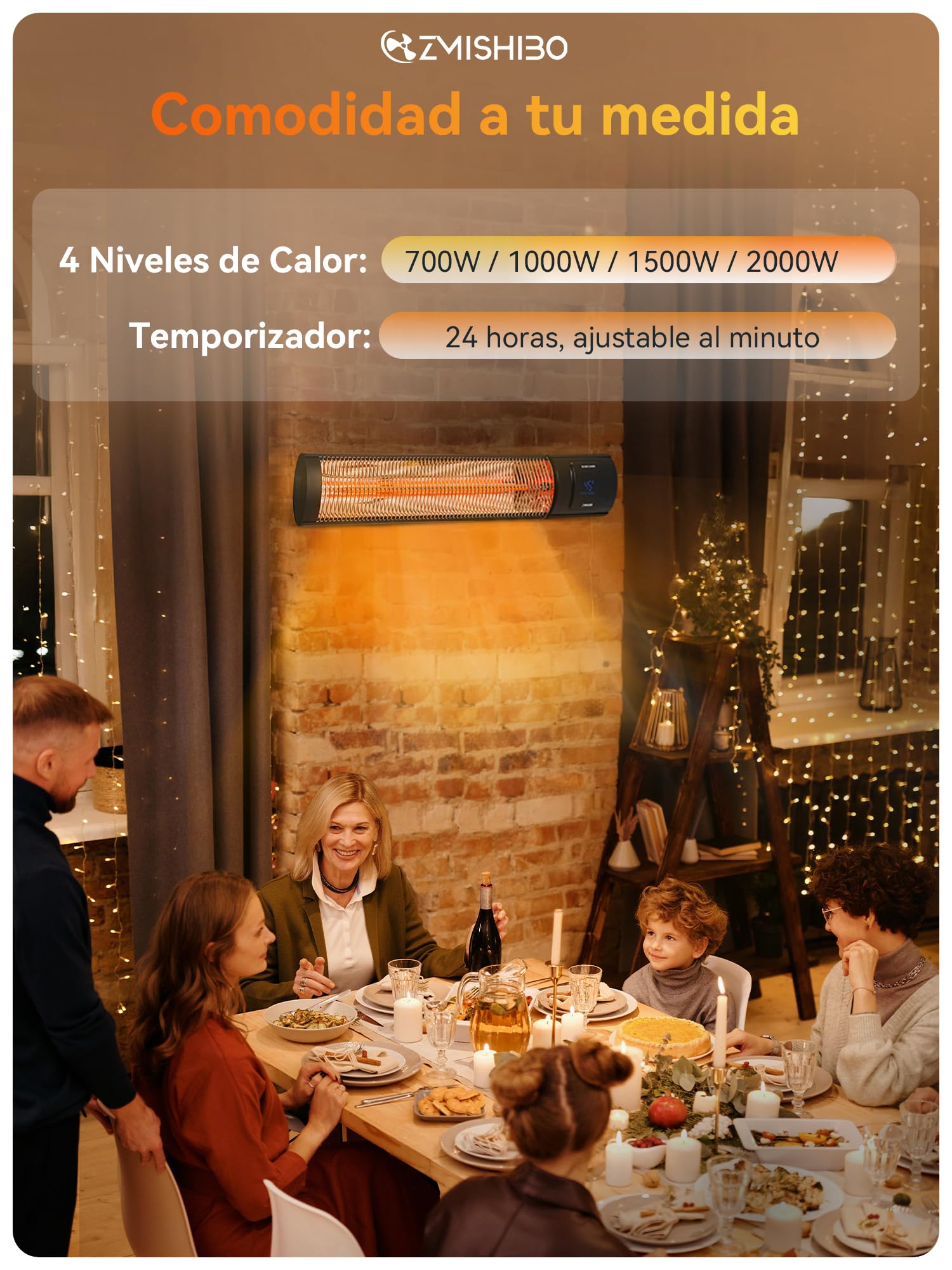 ZMISHIBO Calefactor/Estufa de Infrarrojos 2000W, 4 niveles, IP65 para interior y exterior, con app, LED, detección de ventana abierta y seguridad infantil