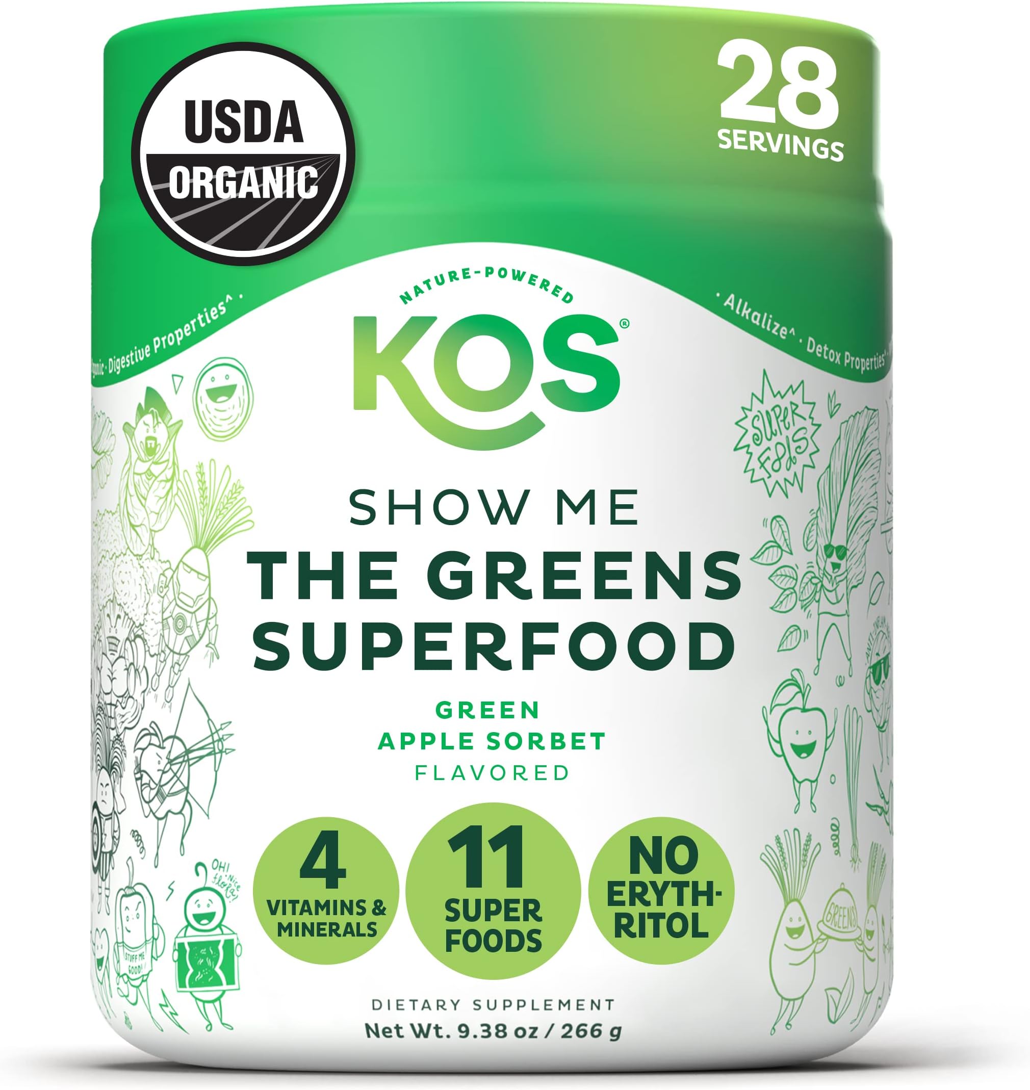 Organic Greens Blend - Refreshing Green Apple Sorbet Flavor - Super Greens Powder - Immune Support, Aides Digestion, Alkalizing Formula - Spirulina, Wheatgrass, Chlorella - 30 Servings 10 Ounce