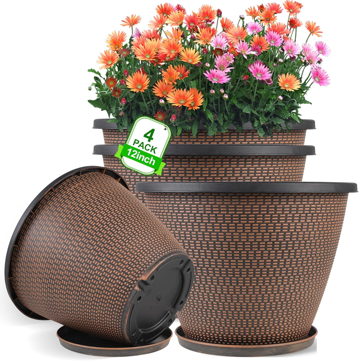 12 inch Pots for Plants, 4 Pack Large Outdoor Planter Pot with Drainage Holes & Saucers, Plastic Flower Pots for Indoor Plants, Decorative Garden Pots for Indoor & Outdoor Plants (Black Copper)