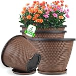 4 Pack 8 inch Plant Pot, Plastic Pots for Plants Indoor, Round Planters for Outdoor Plants with Drainage Holes & Trays, Decorative Flower Pots Garden Containers Sets (Black Copper)