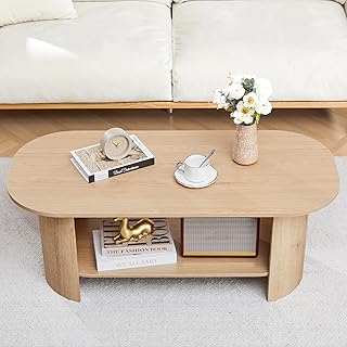 Oval Coffee Table for Living Room, 43.3” Farmhouse Coffee Tables with Storage, 2-Tier Wood Center Table with Storage Shelf Low Tea Table for Small Space, Home, Office, Easy Assembly (Natural)
