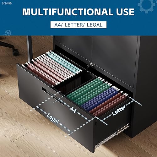 Vista 3 de Archivador de metal con cajón, archivador lateral vertical con cerradura, archivador con gabinete de almacenamiento para oficina en casa, gabinete