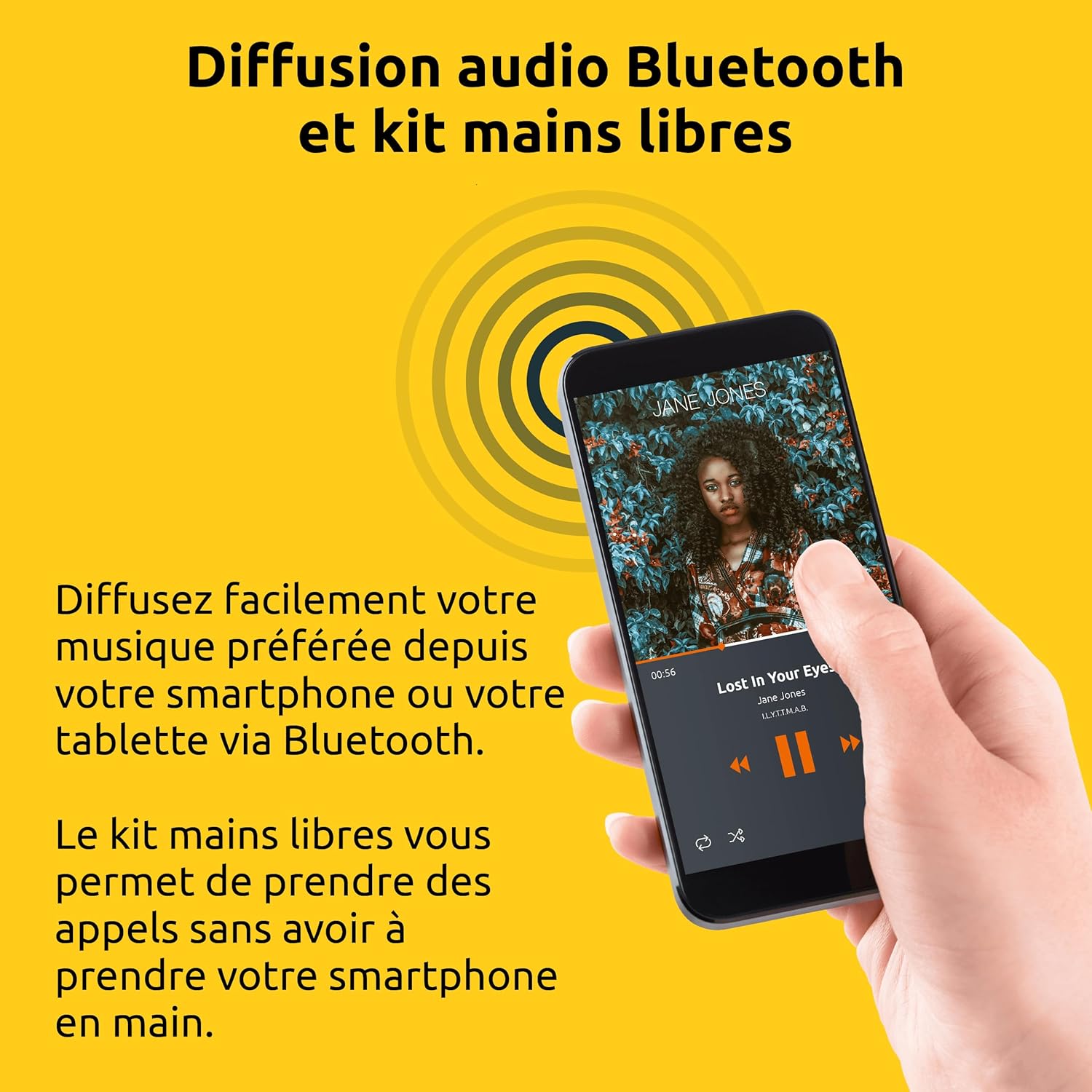 Smartphone streaming music via Bluetooth to TechniSat VIOLA radio, illustrating hands-free function.