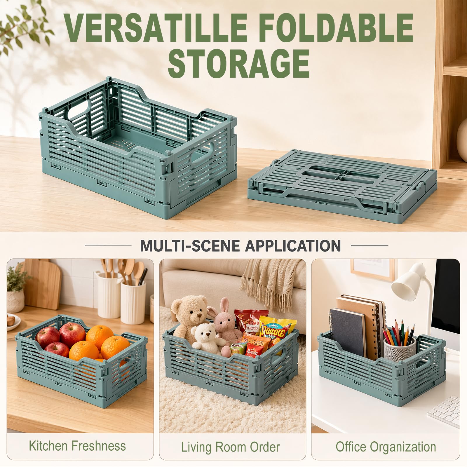 Juego de 4 cajas plegables, 40 x 30 x 15,5 cm, cesta de almacenamiento plegable, apilable y ahorra espacio, caja plegable de plástico para cocina, dormitorio, aula, oficina