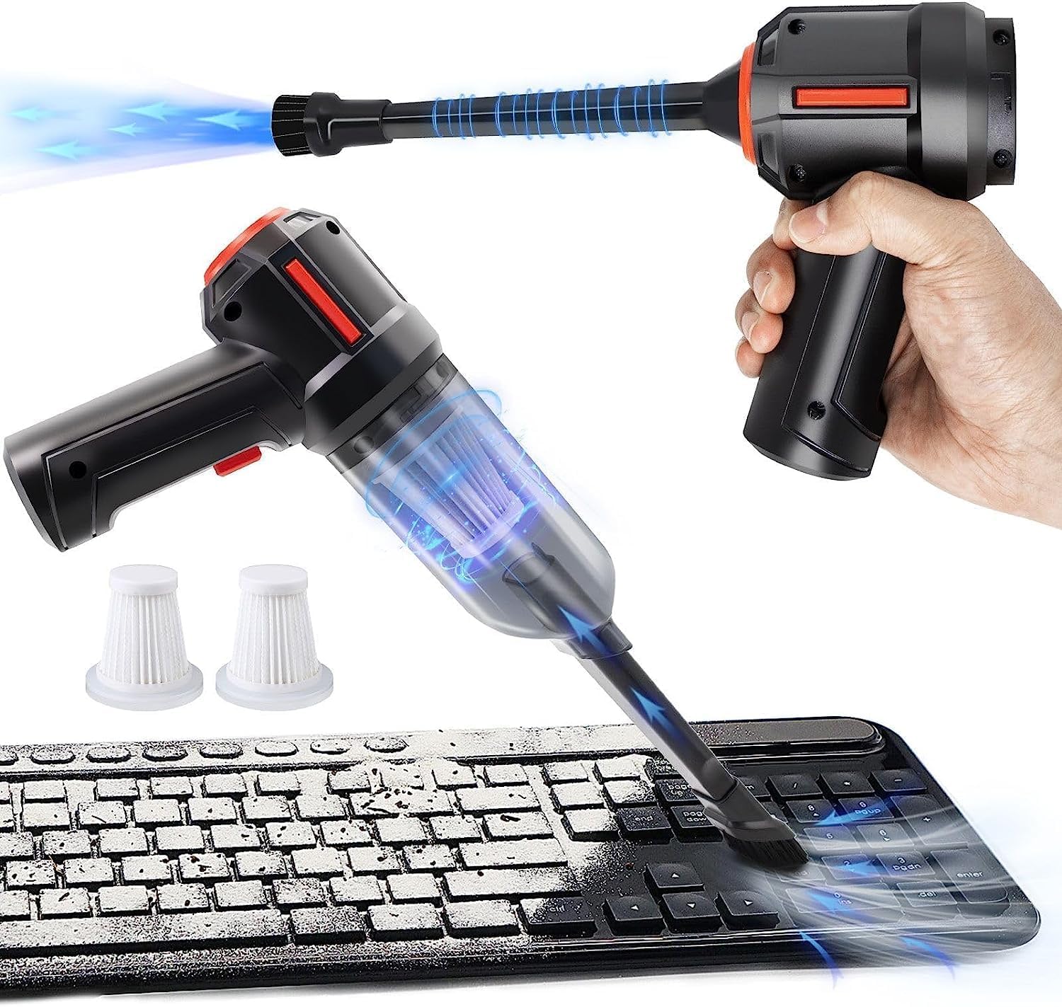 E3PRO Compressed Air Duster & Mini Vacuum Keyboard Cleaner 4-in-1, New Generation Canned Air Spray, Portable Electric Air Can, Cordless Blower Computer Cleaning Kit with 4 attachments.