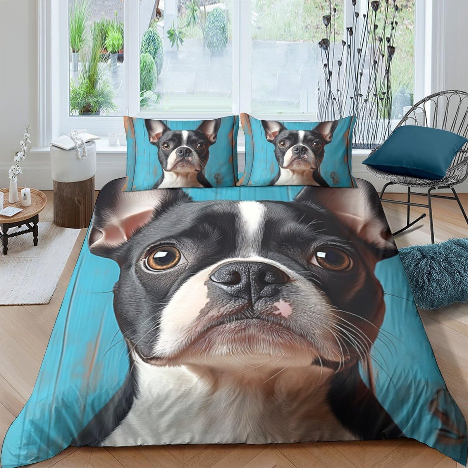 Ctjqhvkz Style-2 3D Printed Boston Terrier Dog Fitted Sheet Microfiber Soft Blue Bedroom Decor Animal Mattress Cover For Home Dorm Single（135X200cm）