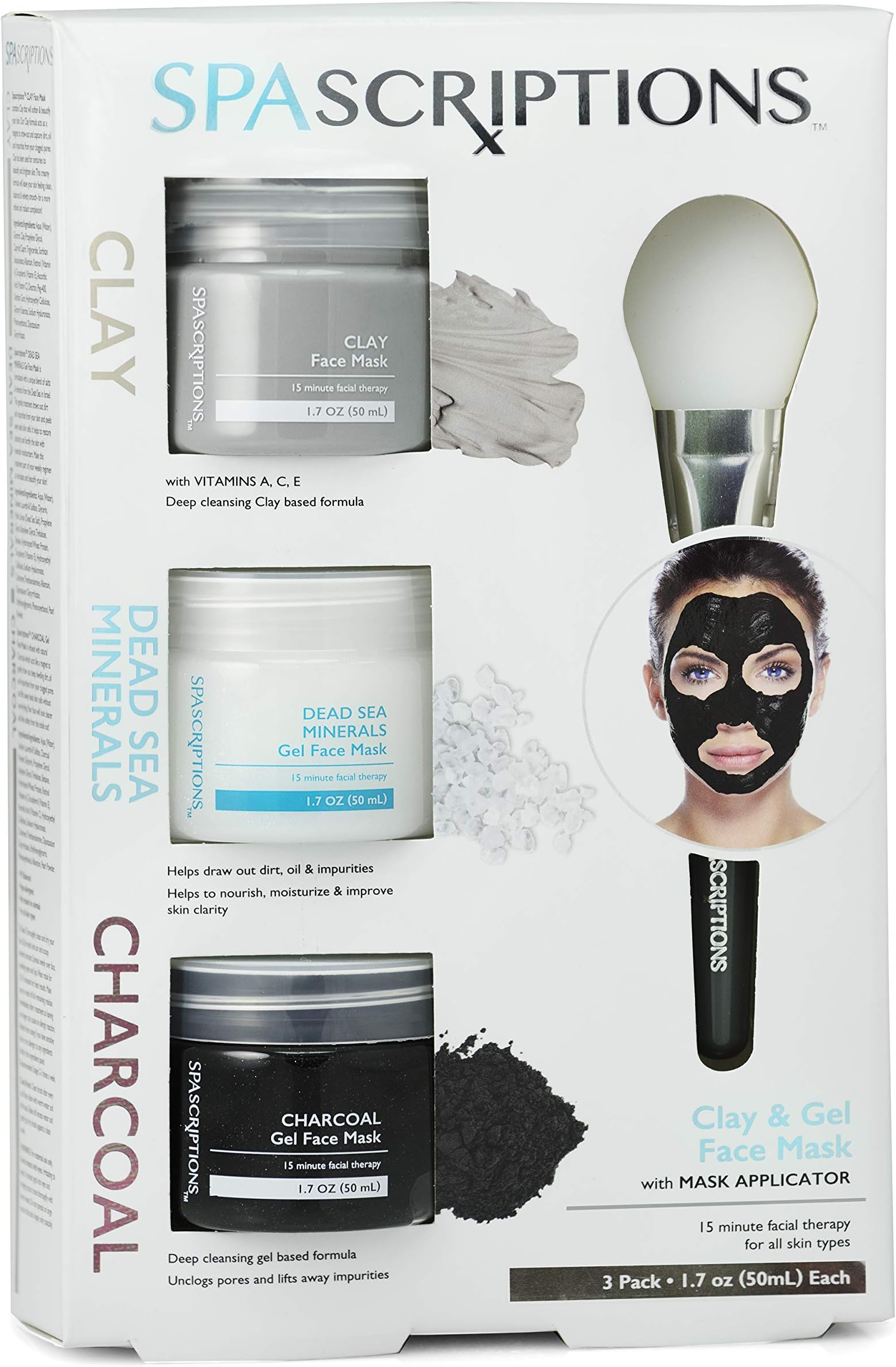 SpaScriptions Dead Sea, Charcoal, & Clay Gel Face Mask with Silicone Applicator - 3 Pack, 1.7 oz each Jar, 5.1 oz total