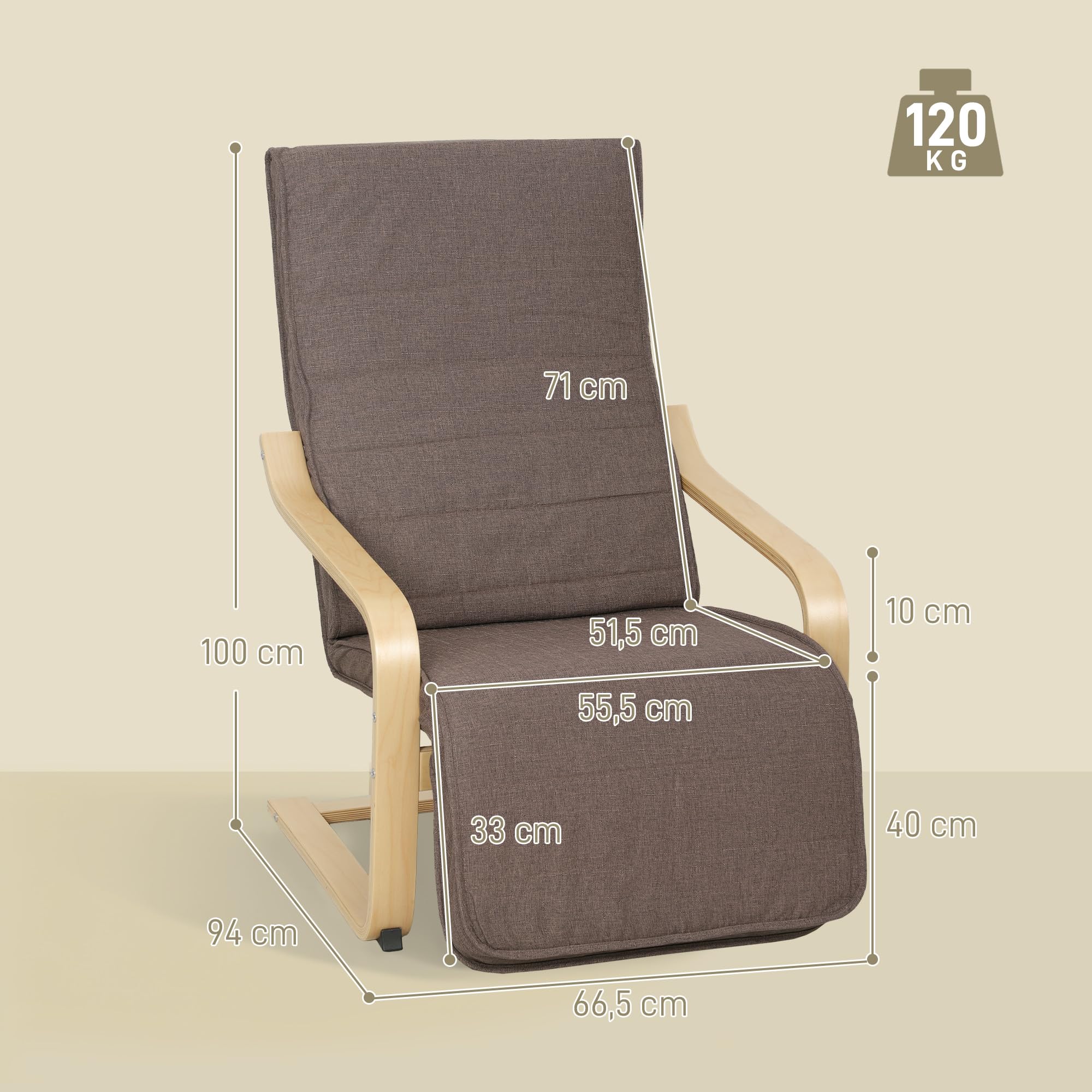 HOMCOM Fotel do salonu, fotel relaksacyjny, fotel wypoczynkowy z podłokietnikami z drewna brzozowego, 5-stopniowa regulacja podnóżka, fotel do czytania o wyglądzie lnu, tapicerowany fotel do sypialni