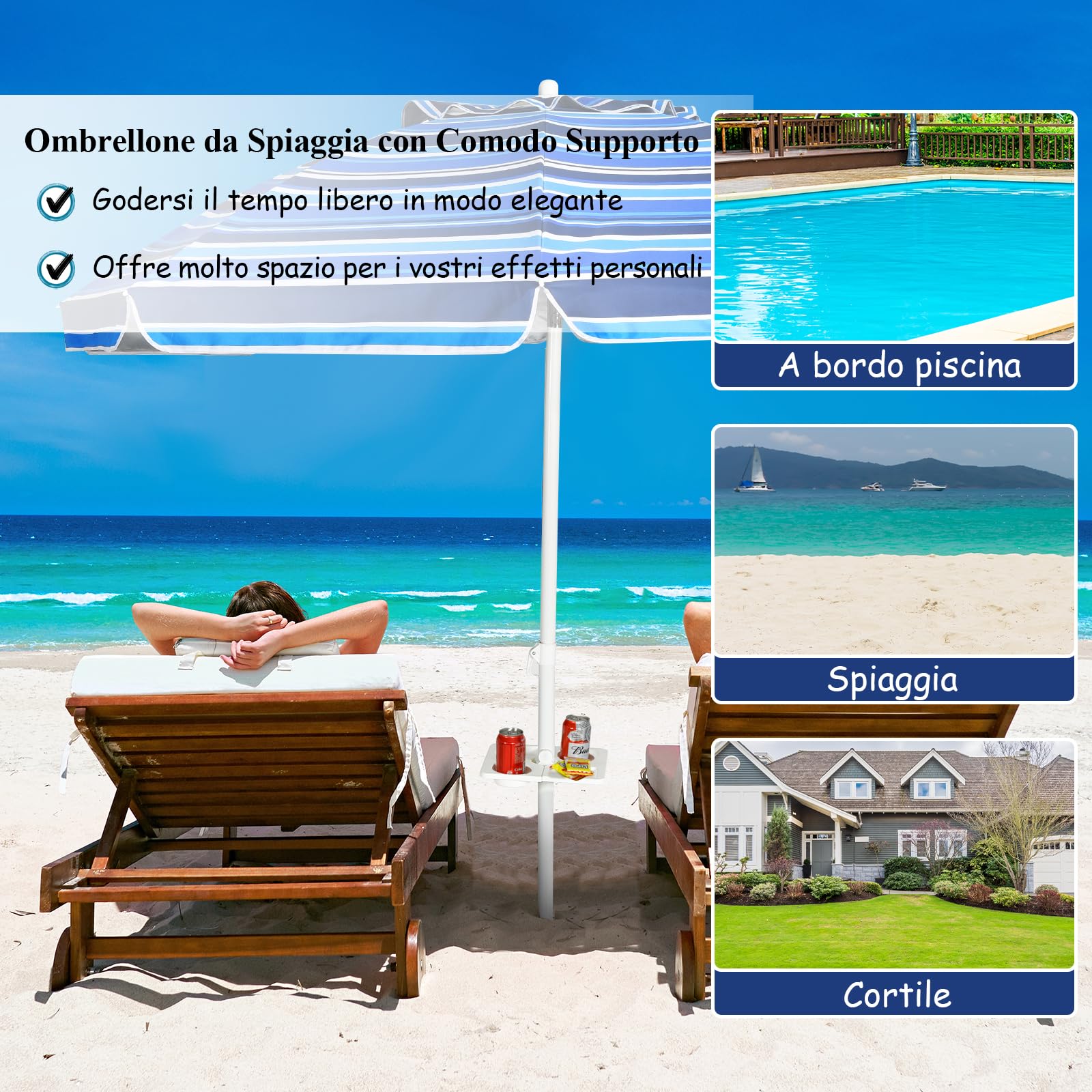 GYMAX Ombrellone da Spiaggia Inclinabile, Protezione Solare 50UV+, Ombrello Portatile con Borsa, a 8 Stecche, Ideale per Spiaggia, Campeggio, Eventi Esterni