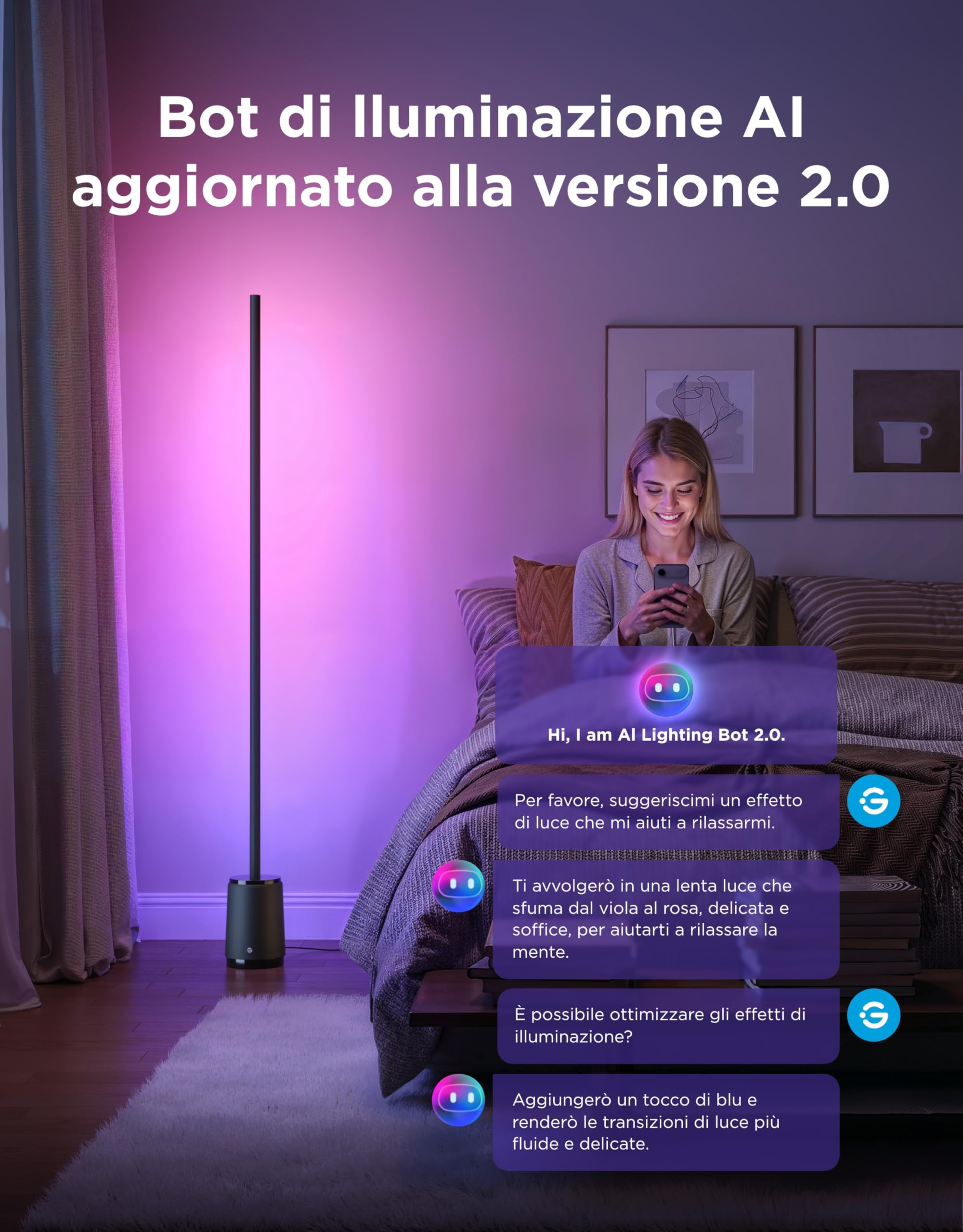 Govee Lampada da Terra 3 Lite RGBICWW, 1400lm Lampada da Terra Salotto e Camera da Letto, 152cm Piantana Moderna con Sincronizzazione Musicale, 105+ Scene, Compatibile con Alexa Matter, Nero