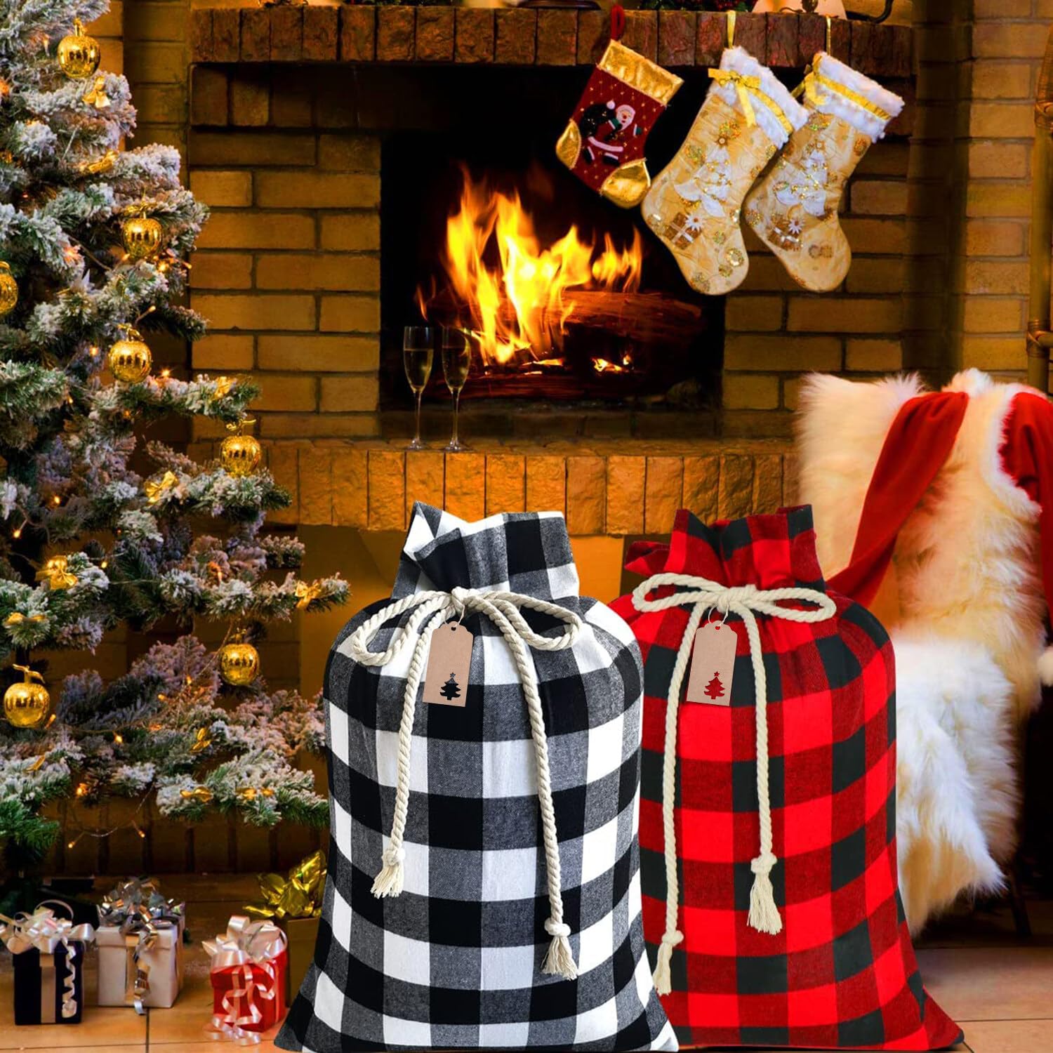 Yzpacc 4 Pack Exlarge Christmas Sacks Buffalo Plaid Santa Sacks Christmas Gift Bags Reusable Christmas Gift Bags Canvas Drawstring Bags Xmas Bags 19.6X27.6Inchs for Gifts Wrapping(White &Black)