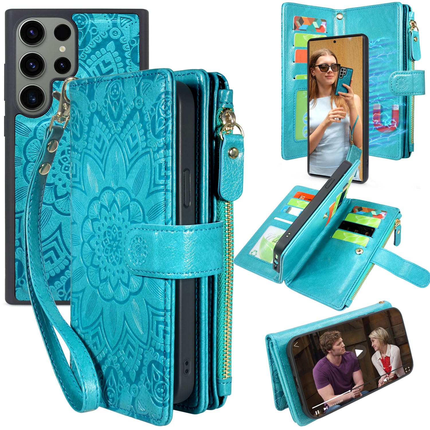 Harryshell Detachable Magnetic Zipper Wallet Leather Case with Cash Coin Pocket 12 Card Slots Holder Wrist Strap Lanyard for Samsung Galaxy S23 Ultra
