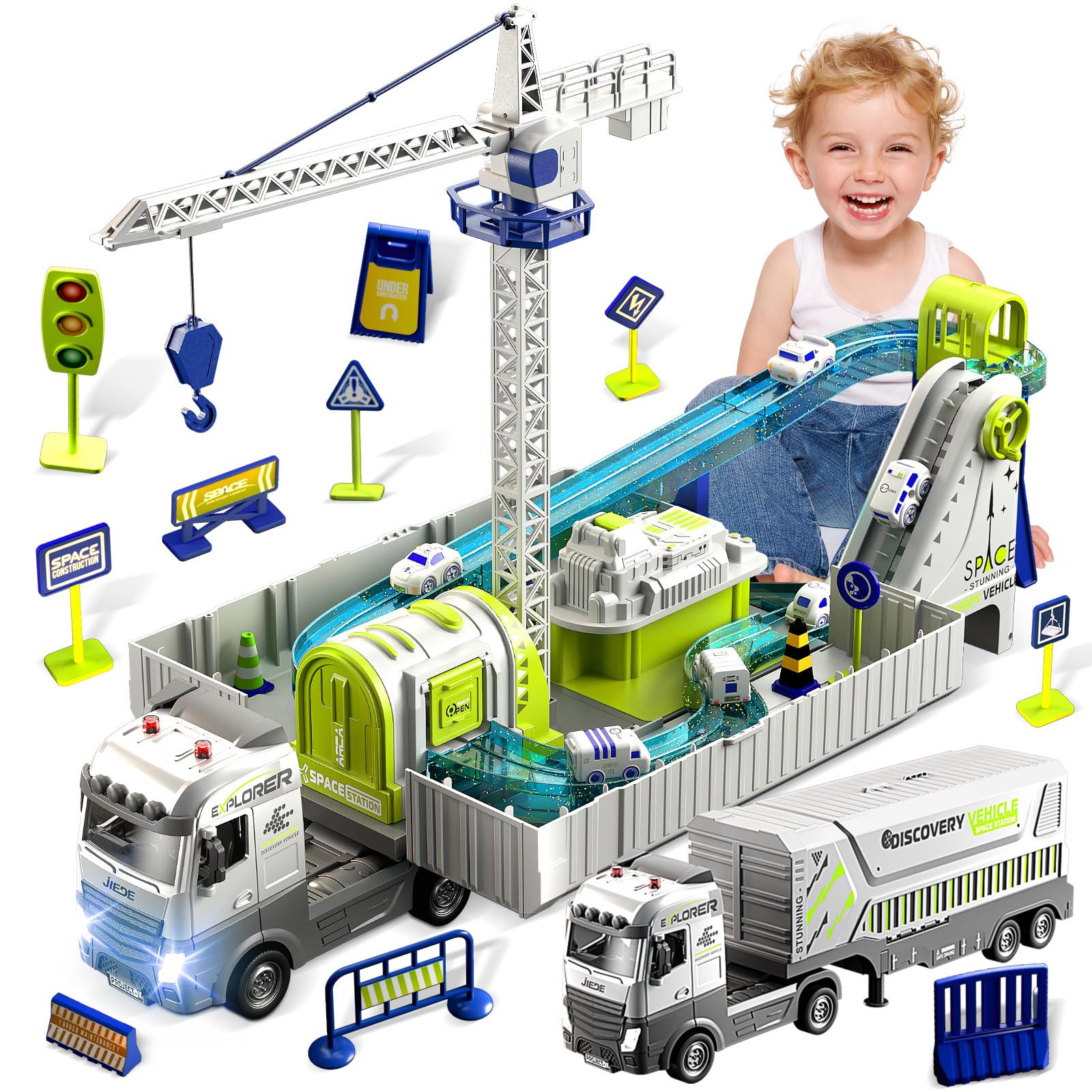 JONRRYIN Camion Cantiere Giocattolo Bambini, Veicoli da Cantiere con Piste Macchinine e Torre Gru, Mini Macchina, Grandi Camion in Lega Regalo per Bambini 3+ Anni