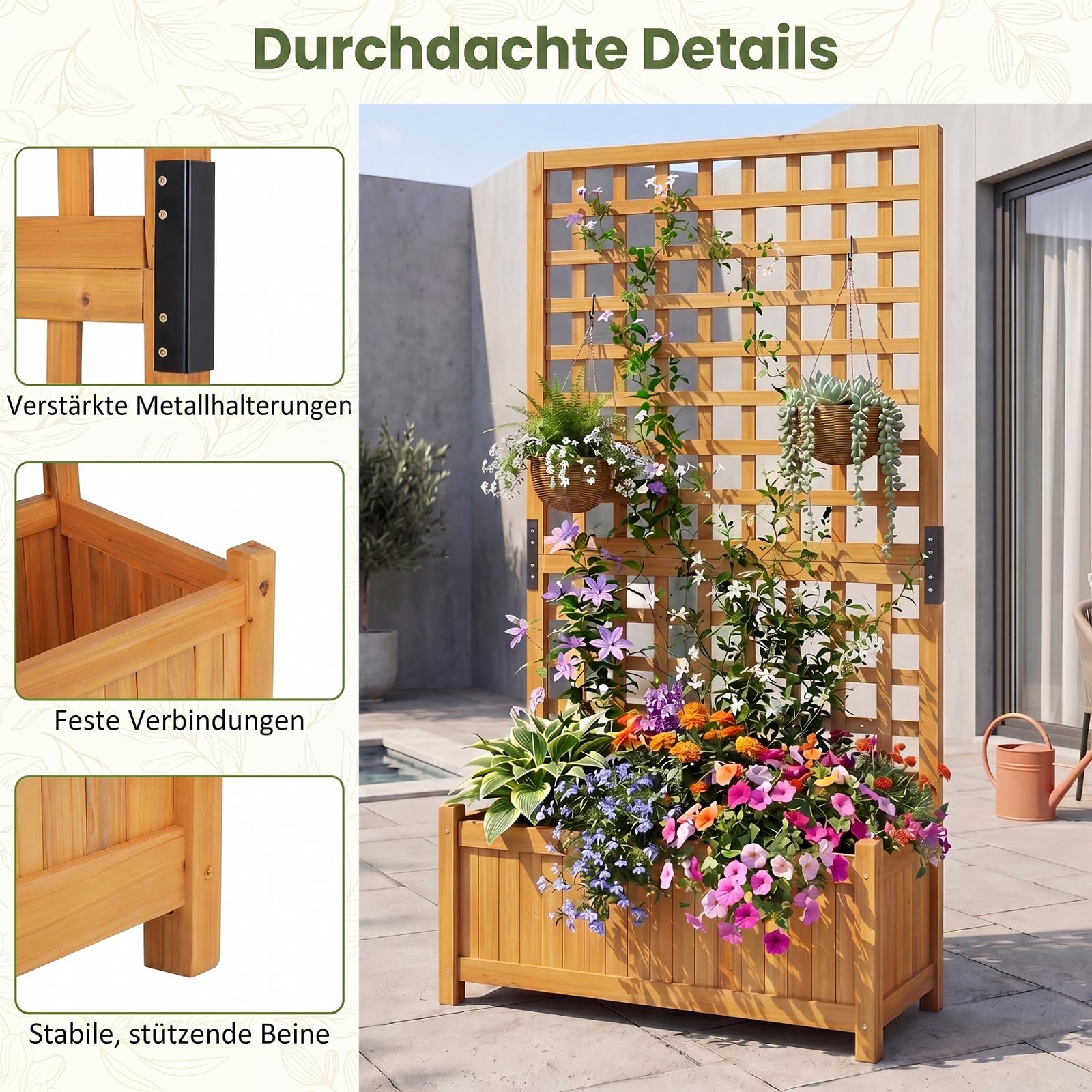 COSTWAY Blumenkasten mit Rankgitter, Pflanzkasten Tannenholz, Pflanzkübel mit Sichtschutz, Hochbeet mit Spalier & Drainagelöchern, Rankhilfe für Kletterpflanzen Garten, 76 x 32 x 143 cm (Orange)