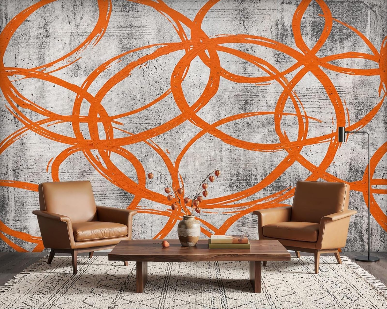 kfjhgbdshhj Abstract Orange and Grey Concrete Look Geometric Pattern Non-Woven Modern Wall Wallpaper for Living Room, Bedroom, Children's Room, 250cm x 175cm Stickers - Frameless Painting - Poster