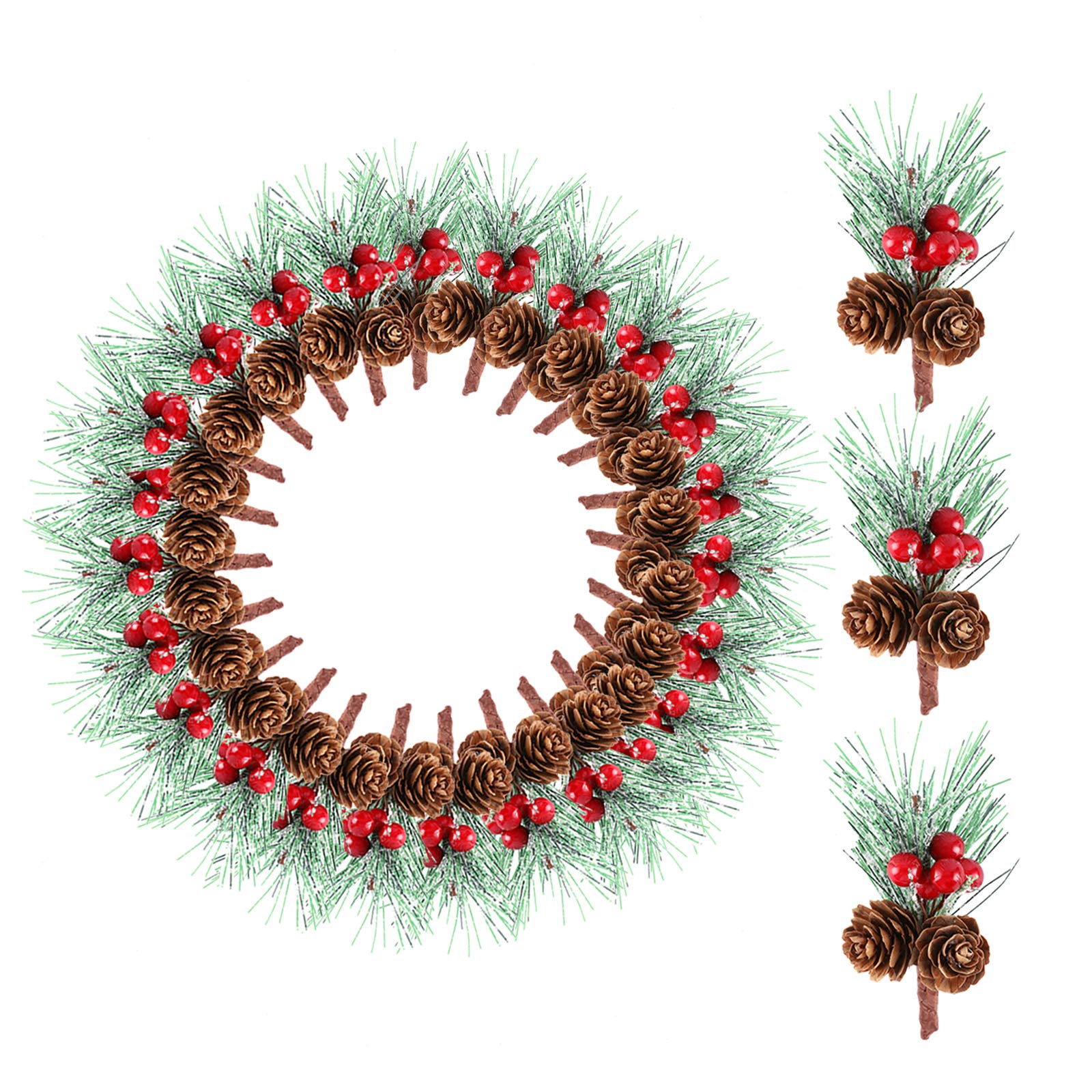 DesignerBox 24 Pieces Artificial Pine Picks with Snowflakes Mini Berries Stems, Christmas Pinecones Pine Branches for Xmas Tree Decor DIY Party Flower Arrangements Wreaths Craft Gift