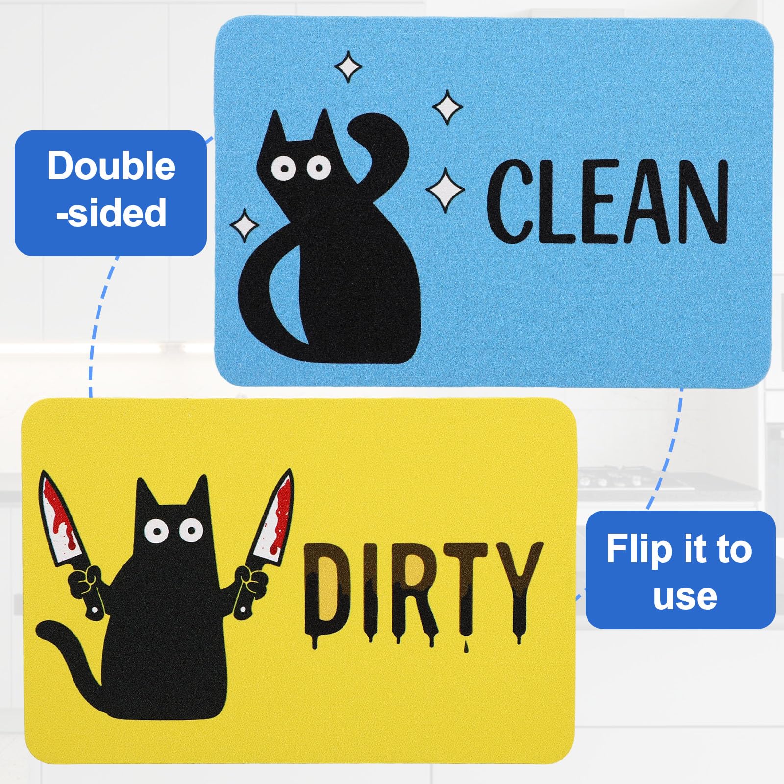 2pcs Black Cat Clean Dirty Dishwasher Magnet, Double-Sided Square Magnetic Clean Dirty Sign Funny Kitchen Accessories for Dishwasher Fridge Laundry Room - 4