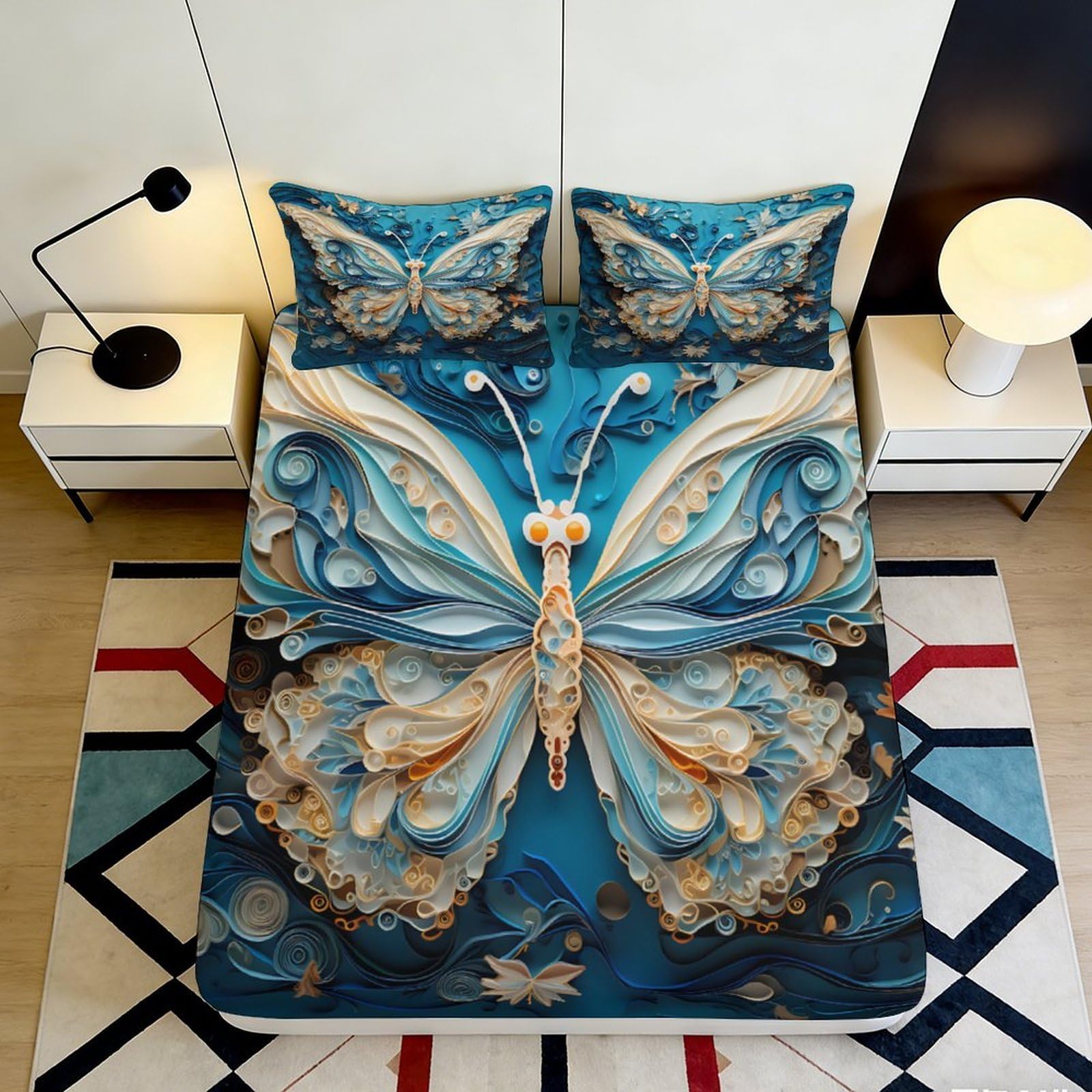 3D Printed Blue Butterfly Fitted Sheet Microfiber Soft Non-Slip Golden Floral Bed Sheet for Bedroom Dorm Decor 90x200x25cm