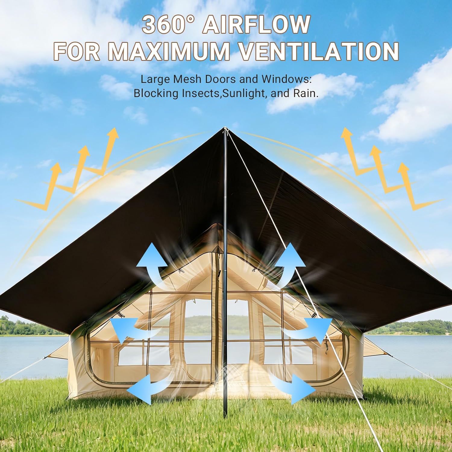 Inflatable Tents for Camping, Easy Setup Inflatable Tent with Canopy, Large Glamping Tent with Pump,Waterproof Oxford 4 Season Air Tent with Skylight Mesh Windows for 2/4/6/8/12 Person