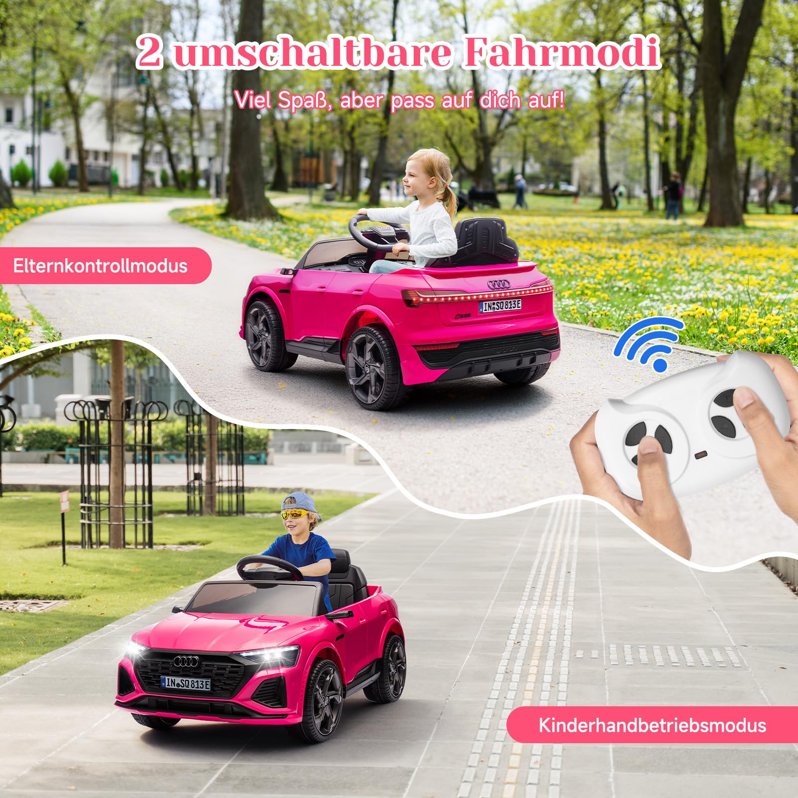 HAUSPROFI Elektro Kinderauto mit Bluetooth 12V Elektrofahrzeug SQ8 E-tron Elektroauto mit Fernbedienung 2,4GHz, Sicherheitsgurt, Musik, Kinderfahrzeug für Kinder 3-6 Jahre, 3-5 km/h, Rosa