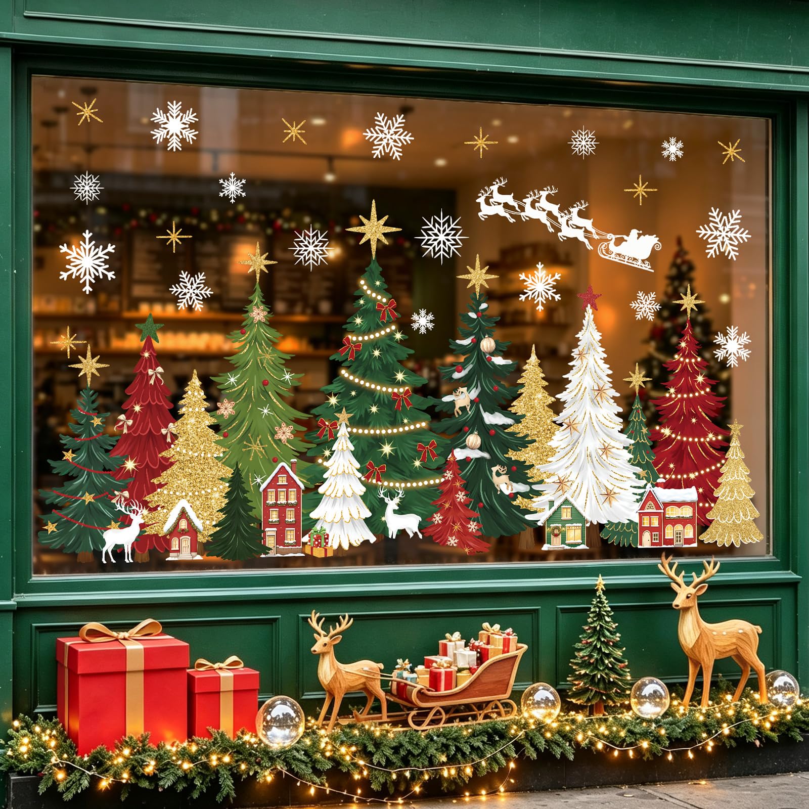 decalmile Window Clings Red Green Christmas Pine Tree Reusable Window Decal
