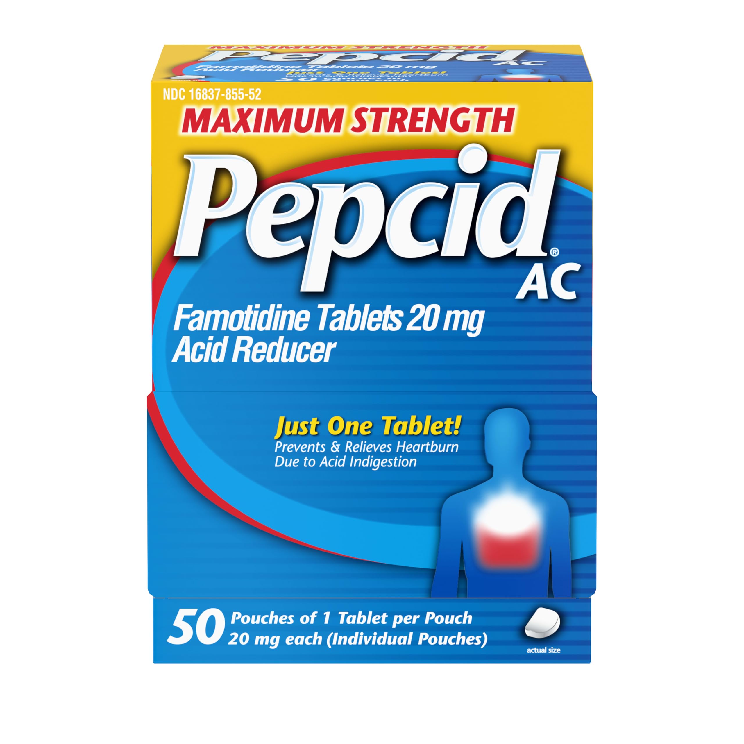 Pepcid AC Maximum Strength Heartburn Relief Tablets, OTC Medicine Prevents & Relieves Heartburn & Acid Reflux Due to Acid Indigestion, 20mg Famotidine Acid Reducer, Fast-Acting, 1 x 50 ct