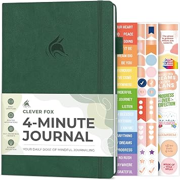 Clever Fox Four-Minute Journal Daily Positivity Journal with Prompts Motivational Affirmation, Mental Health & Habit Tracker Forest Green