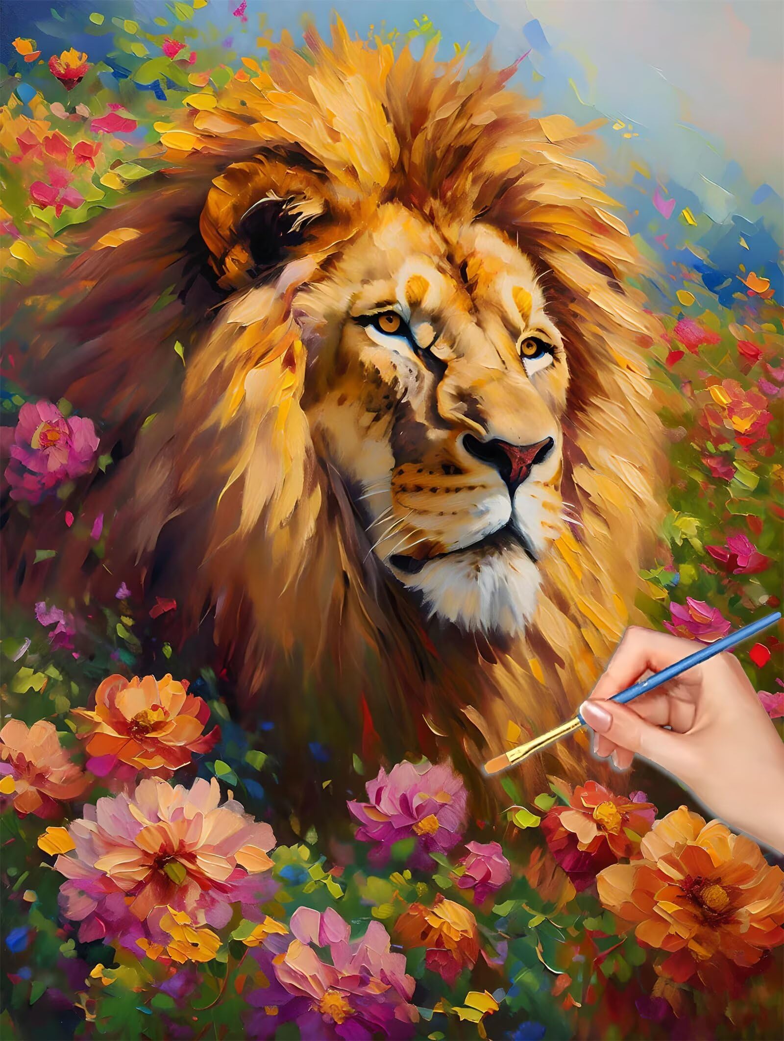 Malowanie po numerach kwiat, 90x120 cm malowanie po numerach lew dla dorosłych, bez ramy, zestaw do malowania olejnego na płótnie z 3 pędzlami, Pigment akrylowy, malowanie według numerów dekoracja