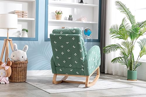 Miniatura 7 de Setawix Mecedora de peluche para guardería, sillón moderno de mediados de siglo con bolsillo lateral, mecedora tapizada de madera con respaldo alto
