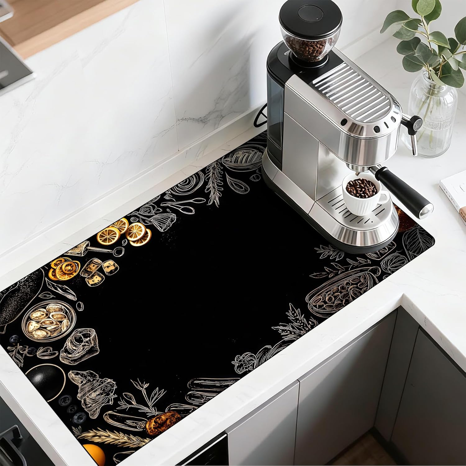 BVBOX Coffee Bar Mat, Absorbent Dish Drying Mat Cuttable Hide Stain Draining Table Pad for Kitchen Counter, Coffee Bar Accessories (17"x 32", Retro Coffee Grinder)