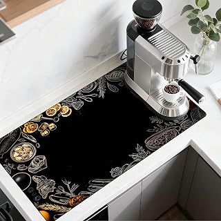 BVBOX Coffee Bar Mat, Absorbent Dish Drying Mat Cuttable Hide Stain Draining Table Pad for Kitchen Counter, Coffee Bar Accessories (17"x 32", Retro Coffee Grinder)