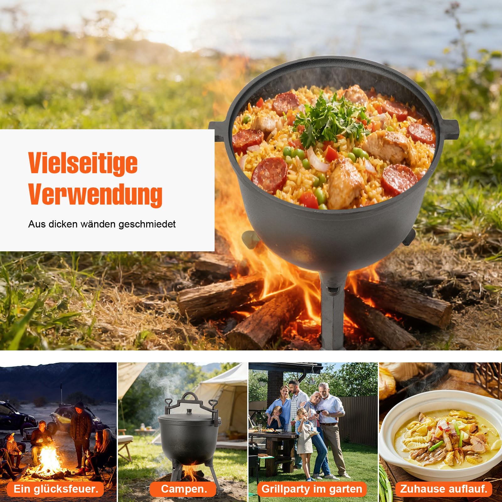 10L Jagdkessel Gulaschkessel Gusseisen Topf Gusseiserner Kessel BBQ Schmortopf Gusseisen Kochtopf Feuertopf mit Füßen Und Deckel für Garten Lagerfeuer Camping Schwarz