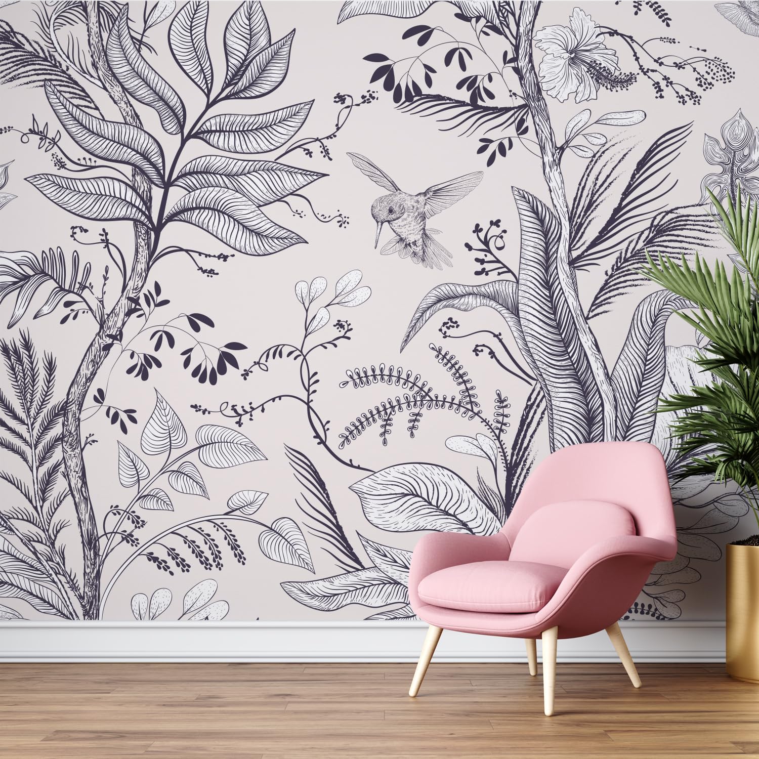 PAPER PLANE DESIGN Birds and Flower Excusite Tropical Leaves and Nature Wall Mural Wallpaper. Full Wall Coverage. (Ds-8) (12 X 15 FEET, Canvas Texture - Non Adhesive)