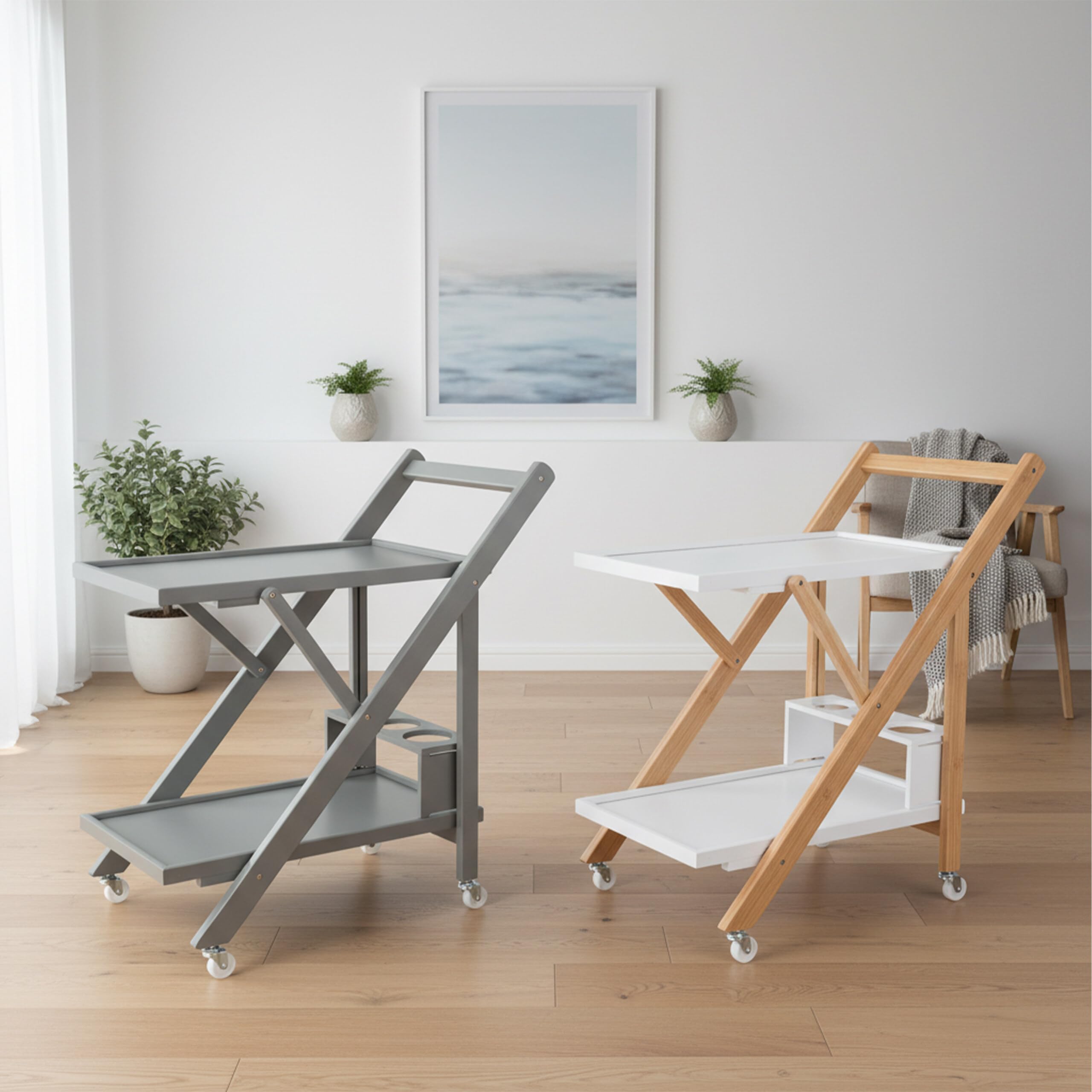 Relaxdays Carrello in bambù con portabottiglie, 2 Ripiani, 70x44x39,5 cm, Bianco-Grigio