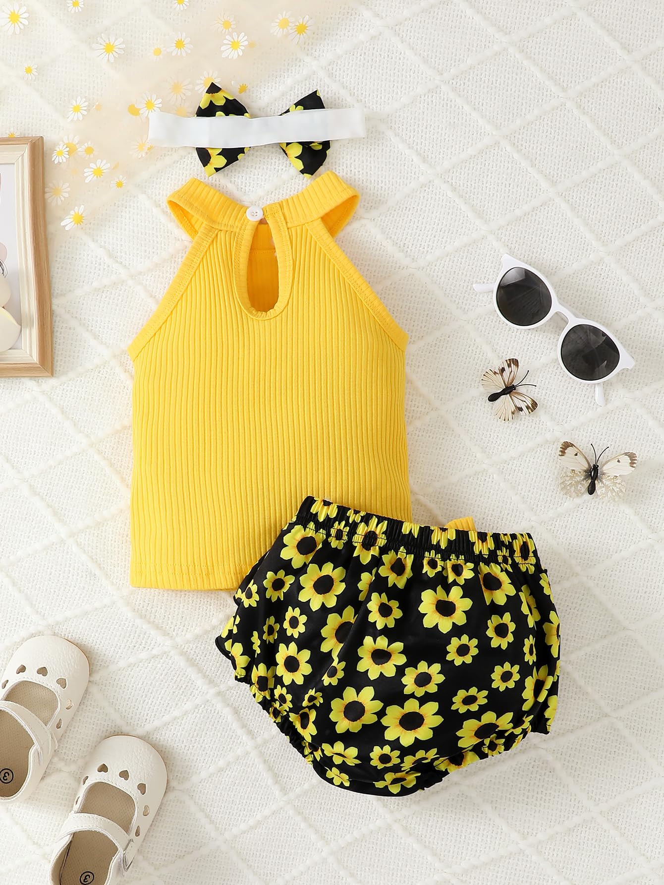 Conjunto de 3 piezas para bebé niña con parte superior acanalada amarilla y volantes con estampado de girasoles y diadema, conjunto de 3 piezas para recién nacidos — view 2