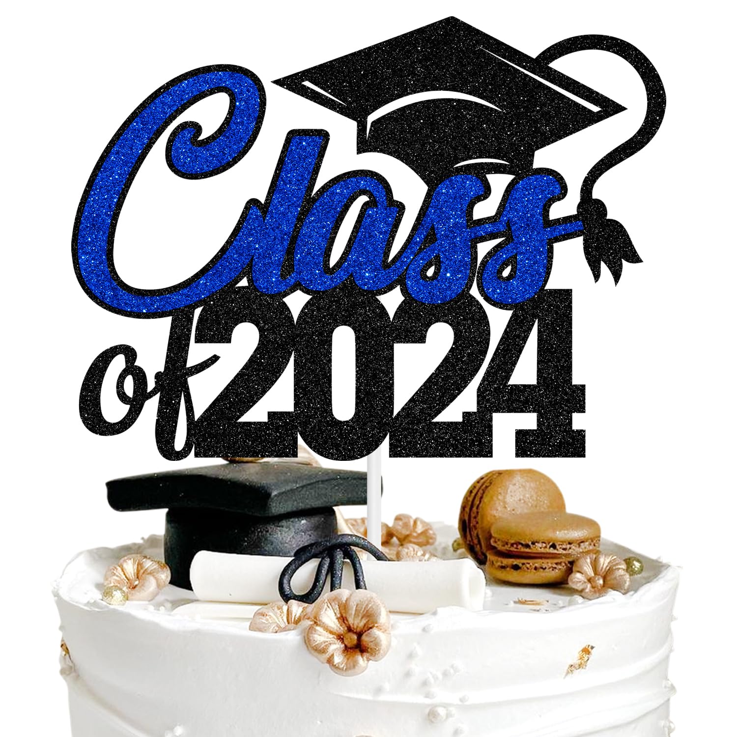 AeryourtarClass of 2024 Cake Topper, Congrats Grad 2024 Graduation Cake Decor, High School/College Graduate Celebration Party Decoration Supplies, Black and Blue Glitter